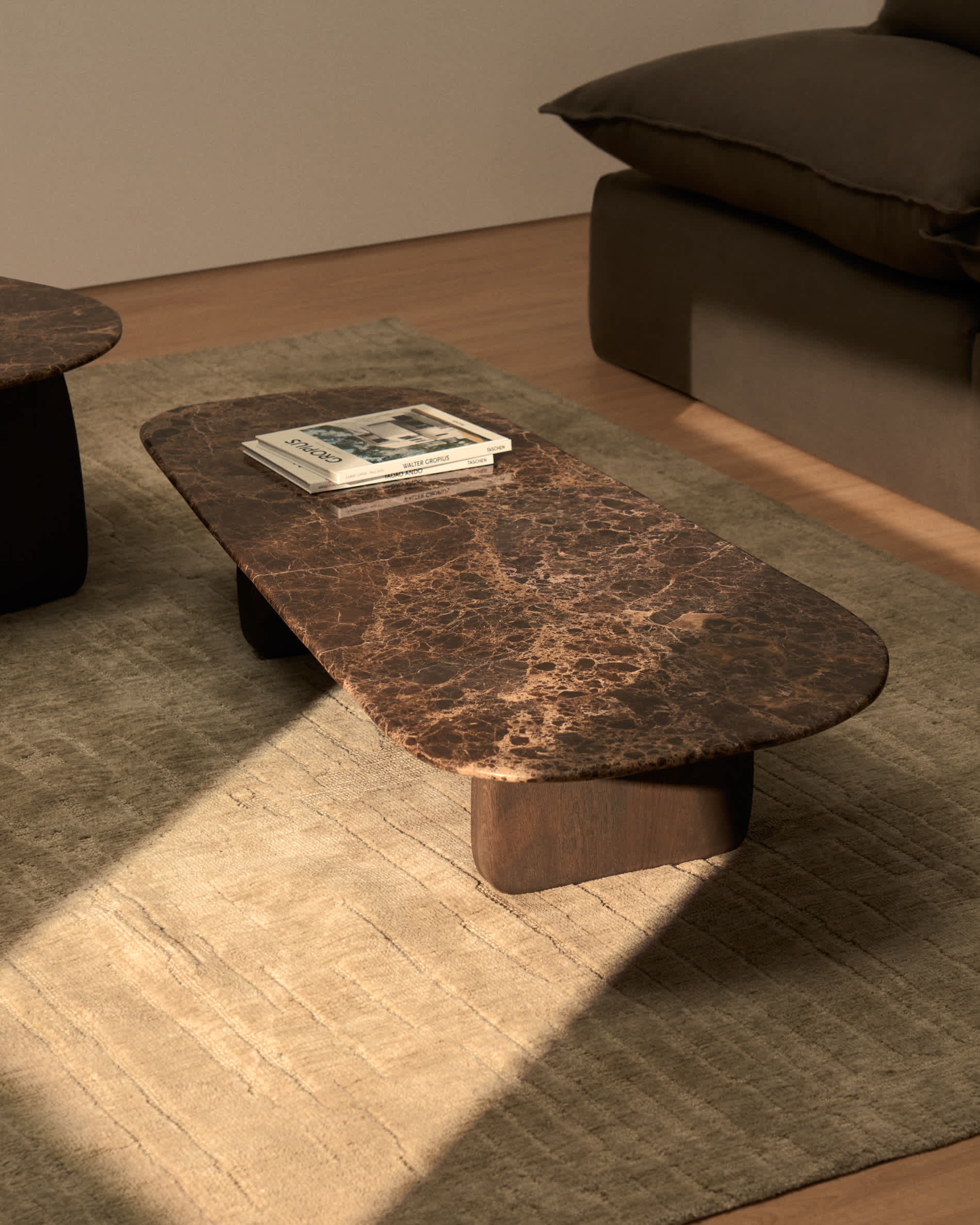 Pirita coffee table in brown marble with solid oak wood legs with a dark finish 147 x 65cm FSC 100%