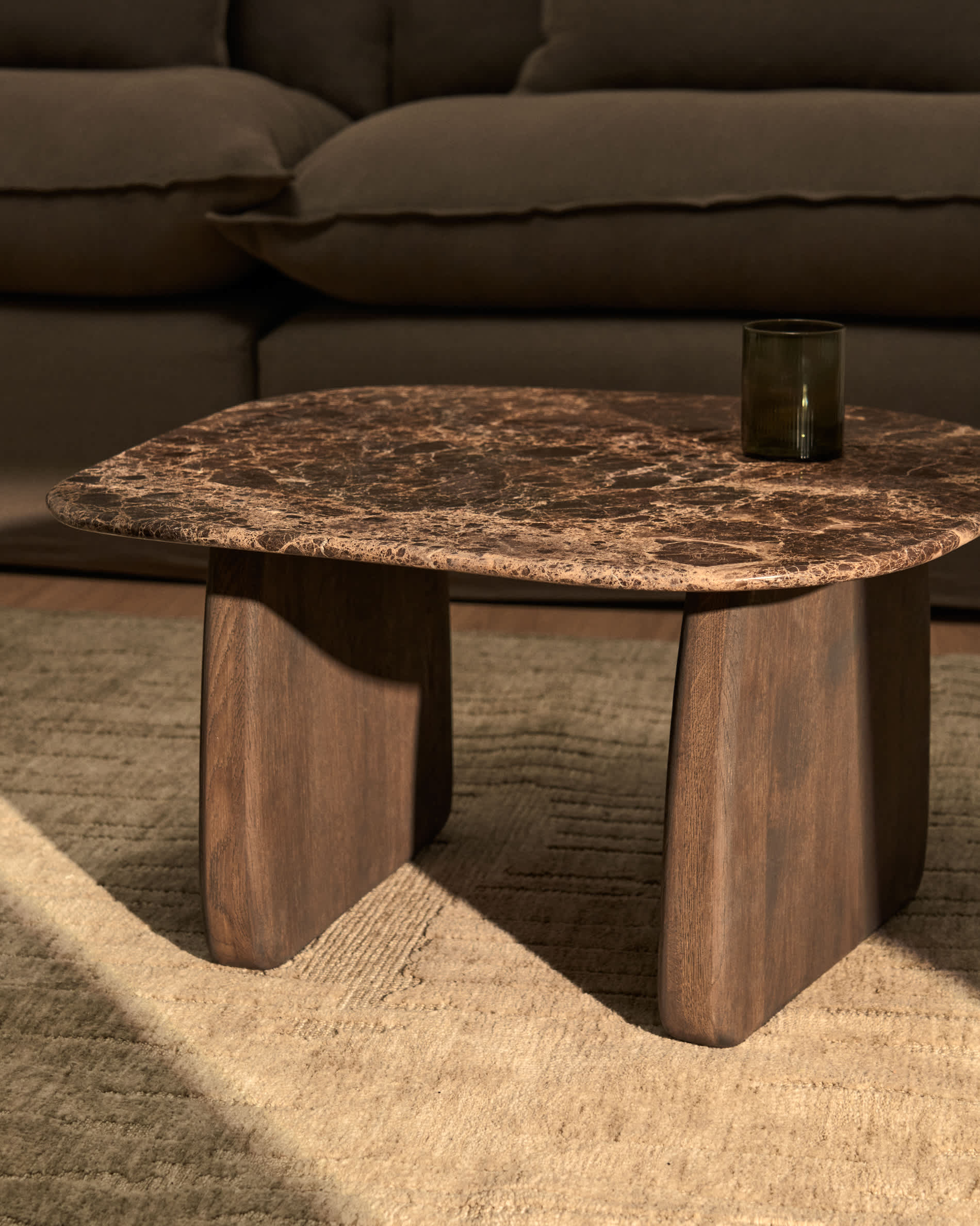 Pirita side table in brown marble with solid oak wood legs with a dark finish 71 x 70cm FSC 100%