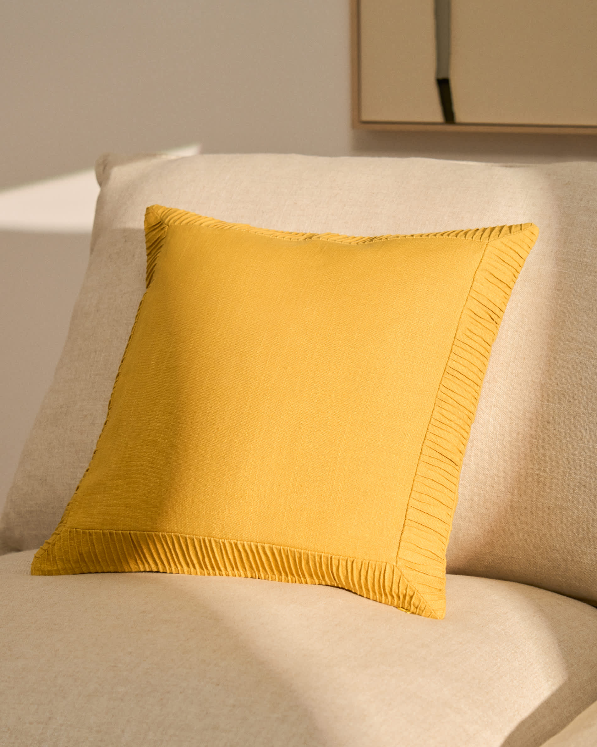 Luadia cotton cushion cover with yellow pleated detail 50 x 50cm