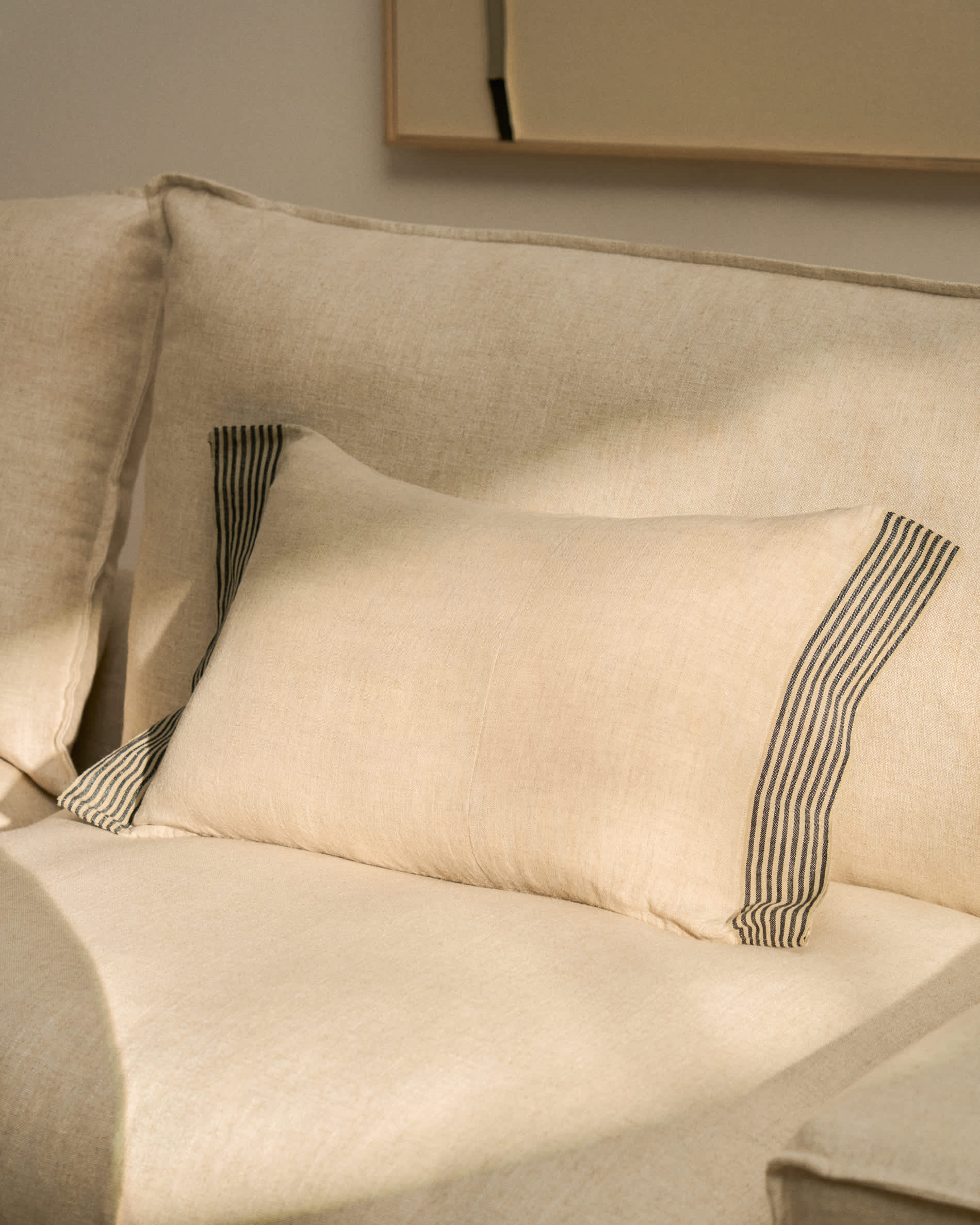 Disea beige linen cushion cover with black striped detail 40 x 60 cm