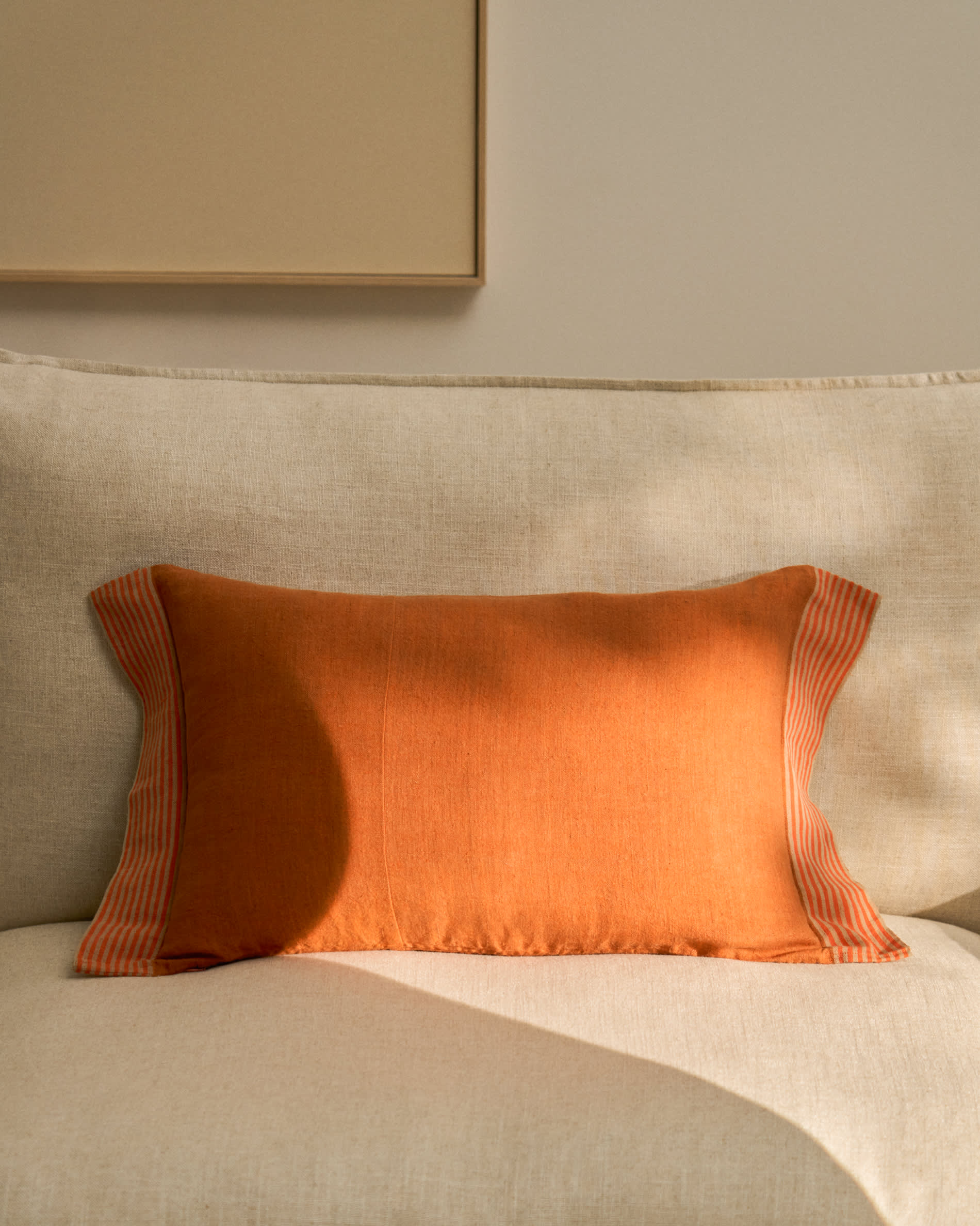 Disea linen cushion cover with orange striped detail 40 x 60 cm