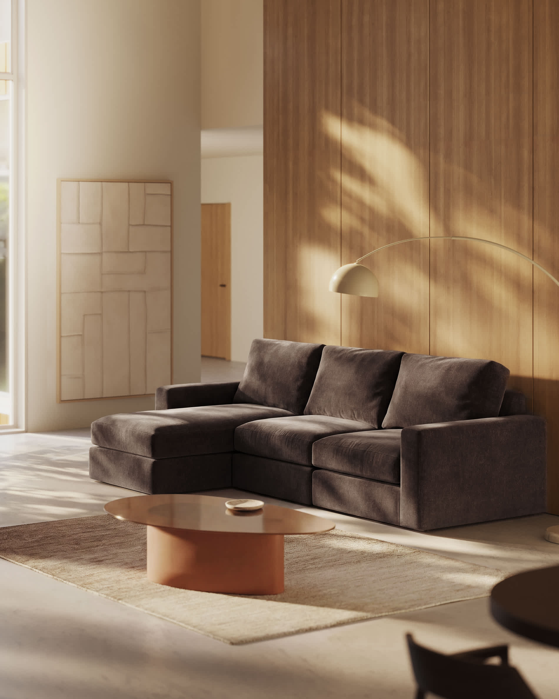 Alea dark brown chenille 4-seater modular sofa with left chaise longue and removable cover 310cm