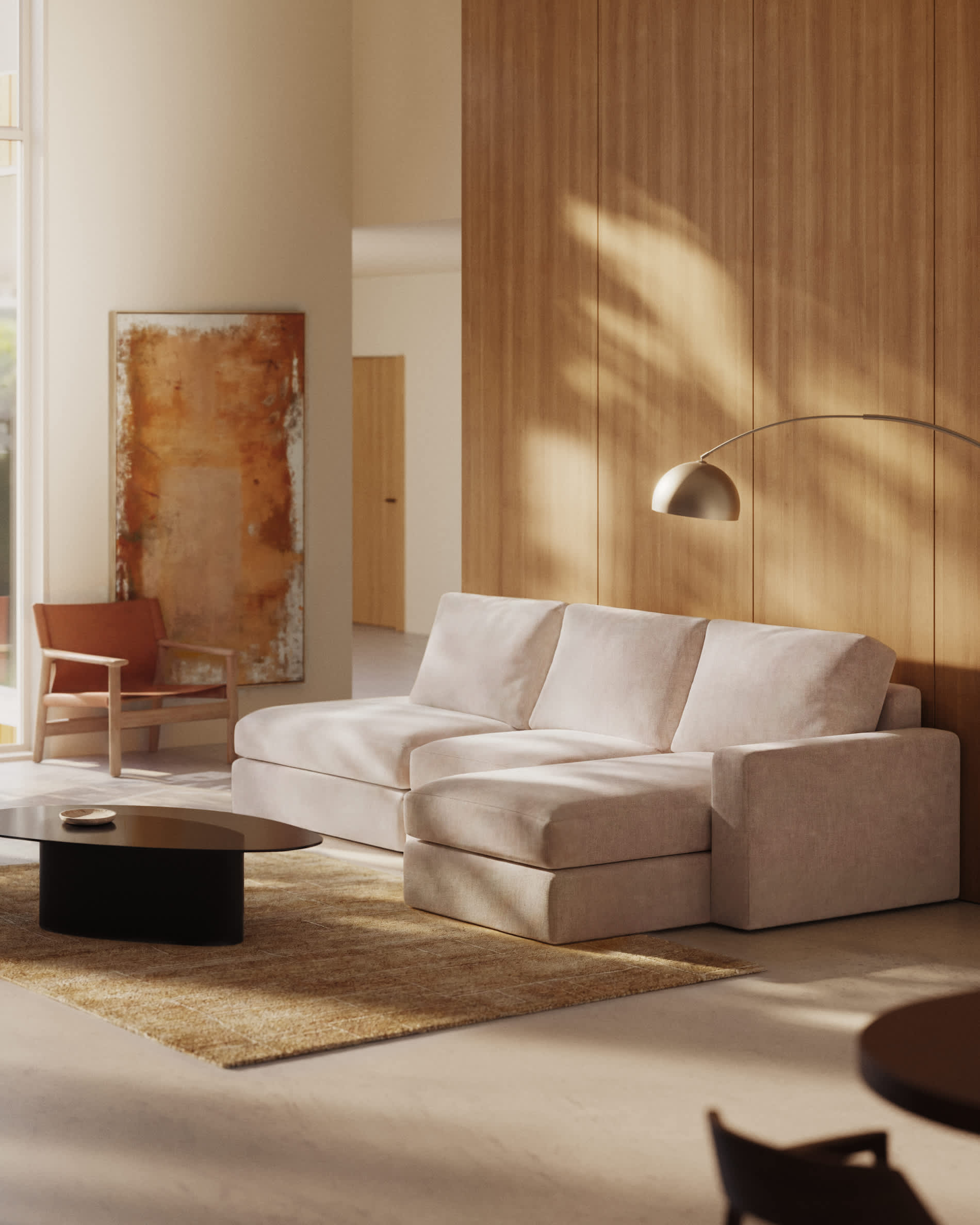 Alea beige chenille 5-seater modular sofa with right chaise longue and removable cover 340cm