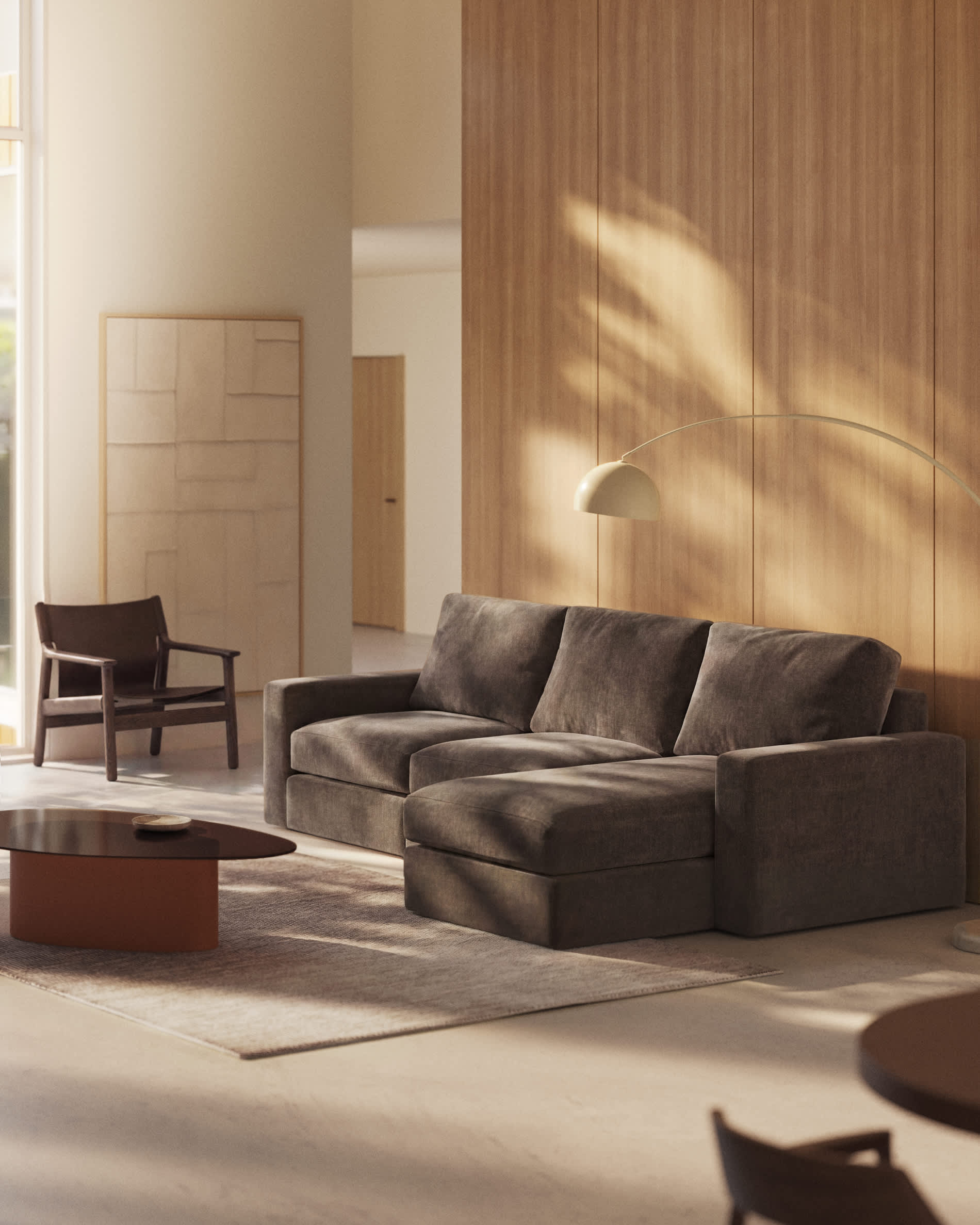 Alea dark brown chenille 4-seater modular sofa with right chaise longue and removable cover 310cm