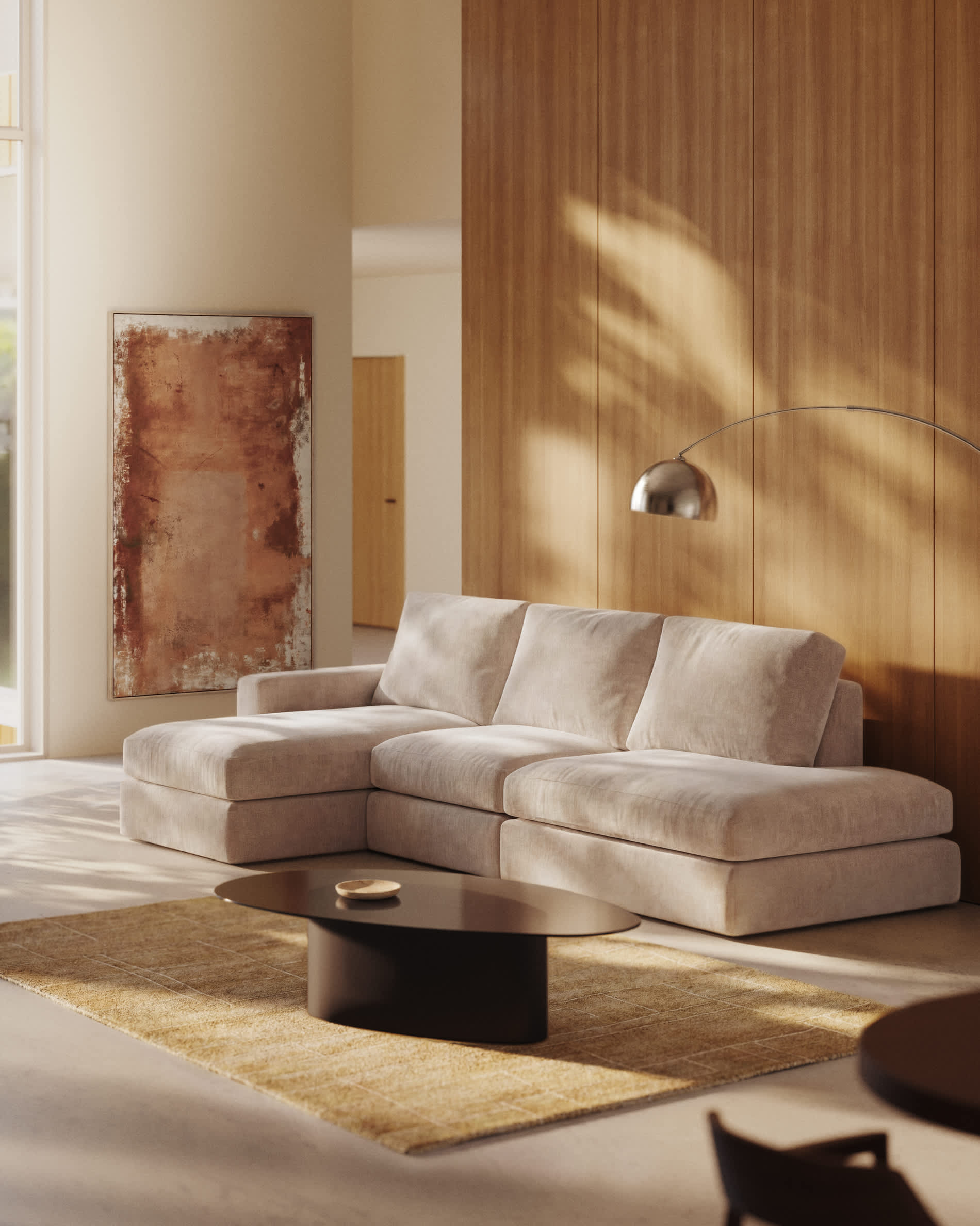 Alea beige chenille 5-seater modular sofa with left chaise longue and removable cover 340cm