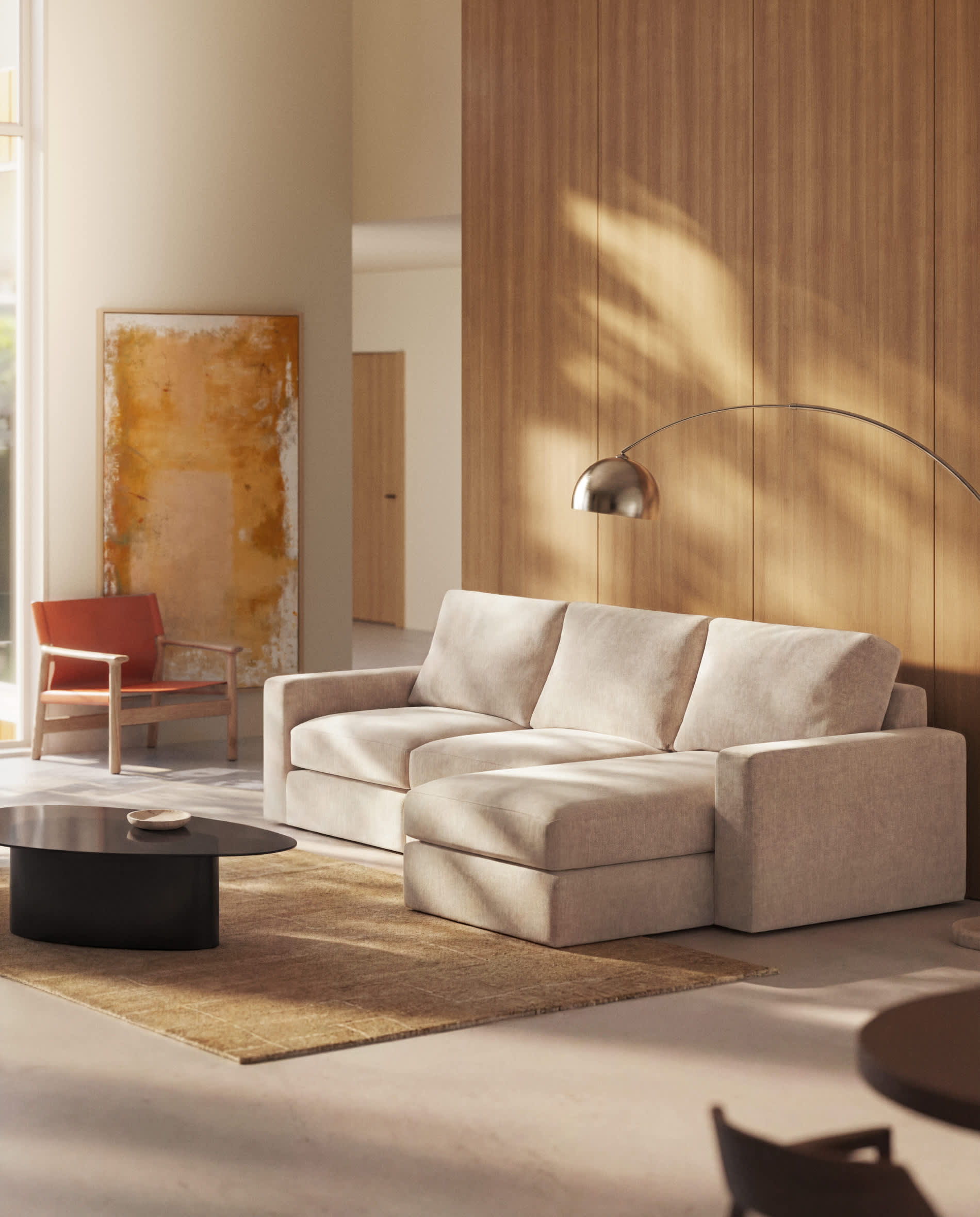 Alea beige chenille 4-seater modular sofa with right chaise longue and removable cover 310cm