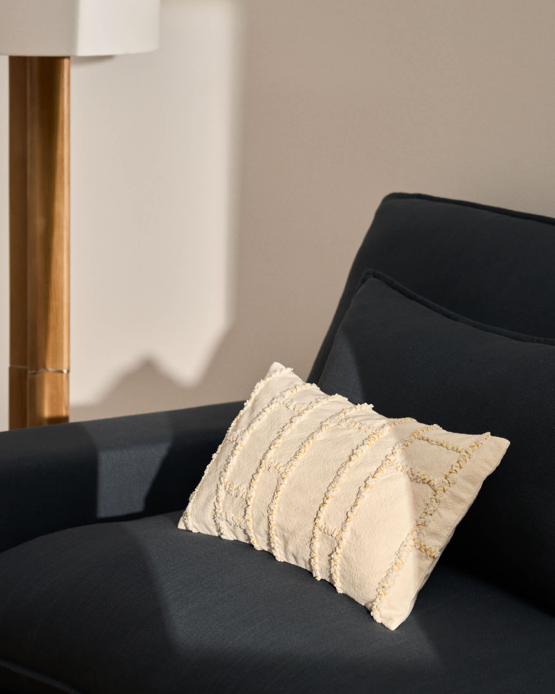 Verion yellow cushion cover with embroidered geometric detail 30 x 50cm