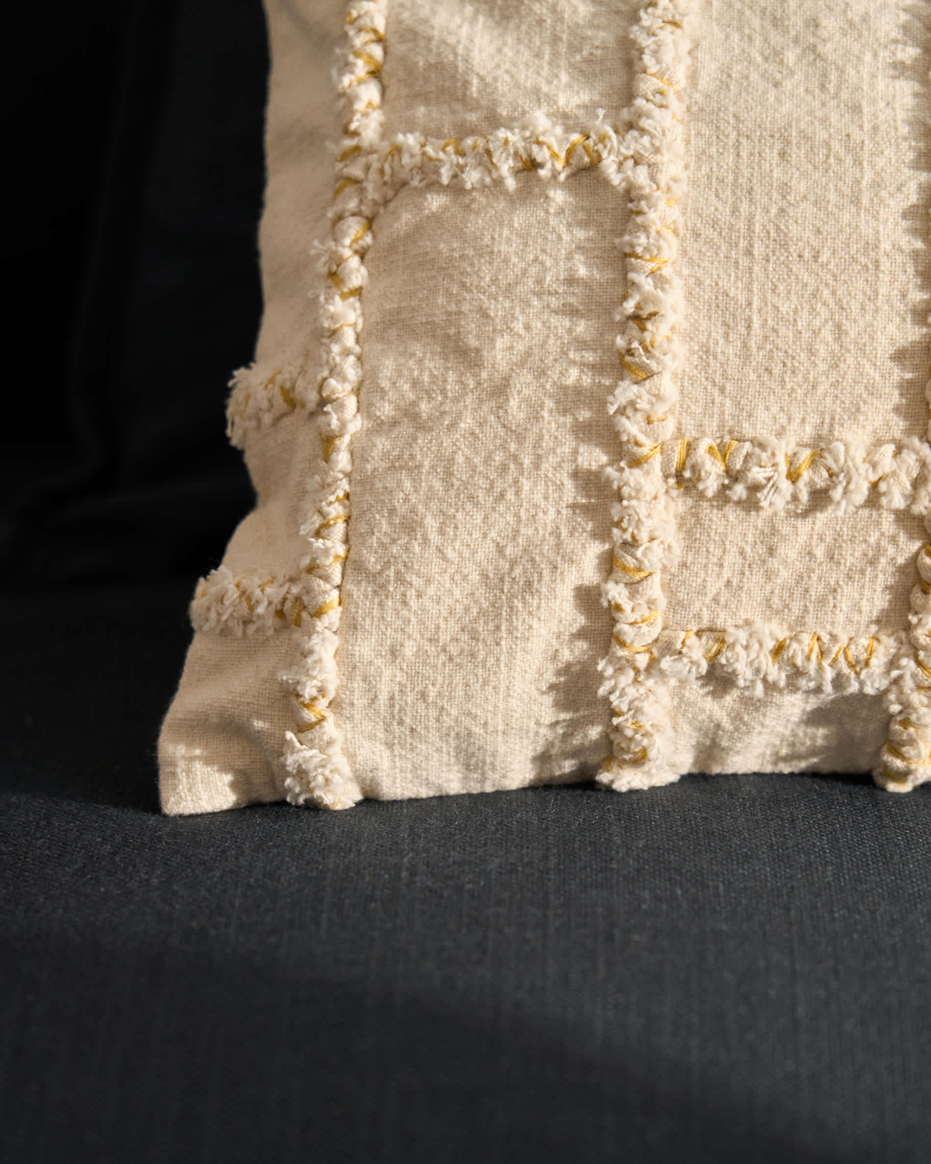 Verion yellow cushion cover with embroidered geometric detail 30 x 50cm