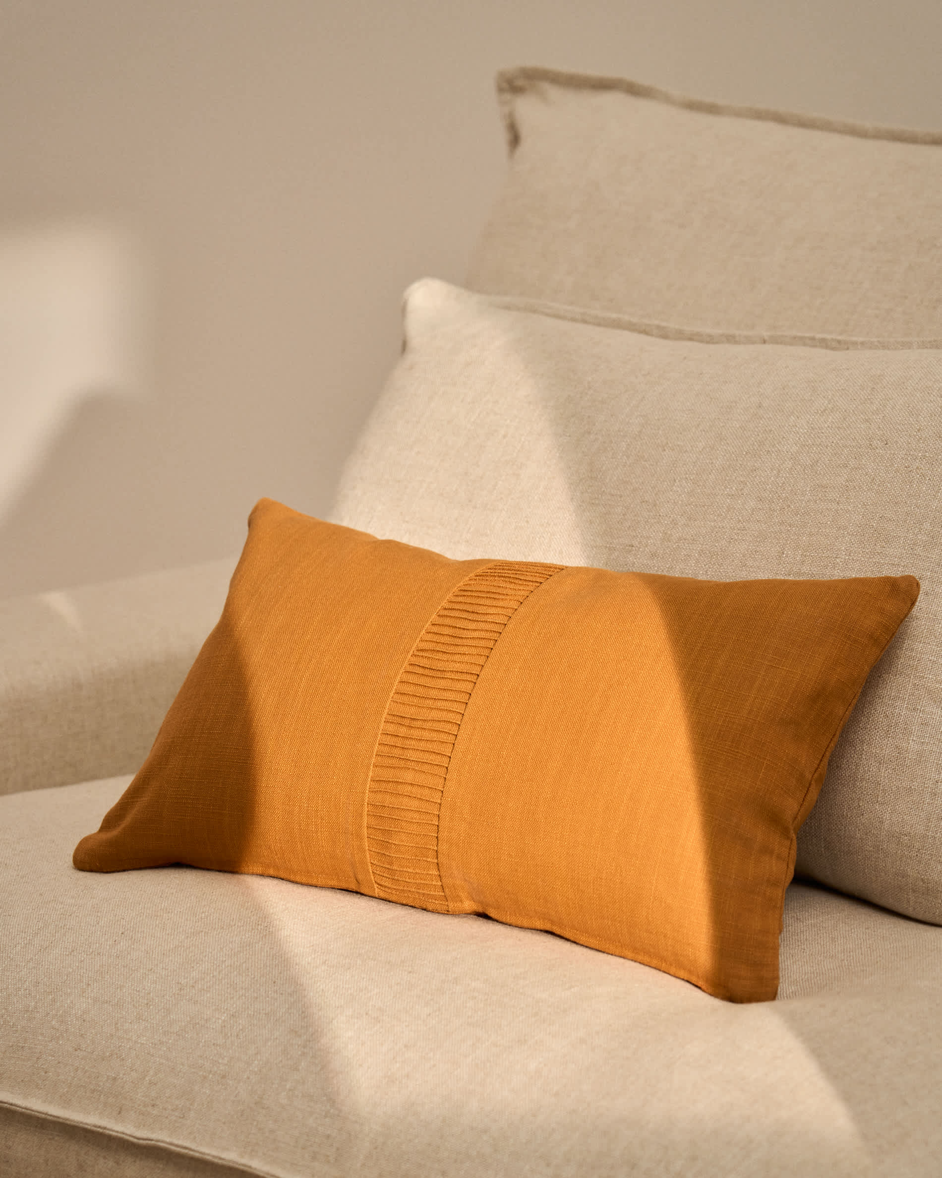 Luadia cotton cushion cover with orange pleated detail 30 x 50cm