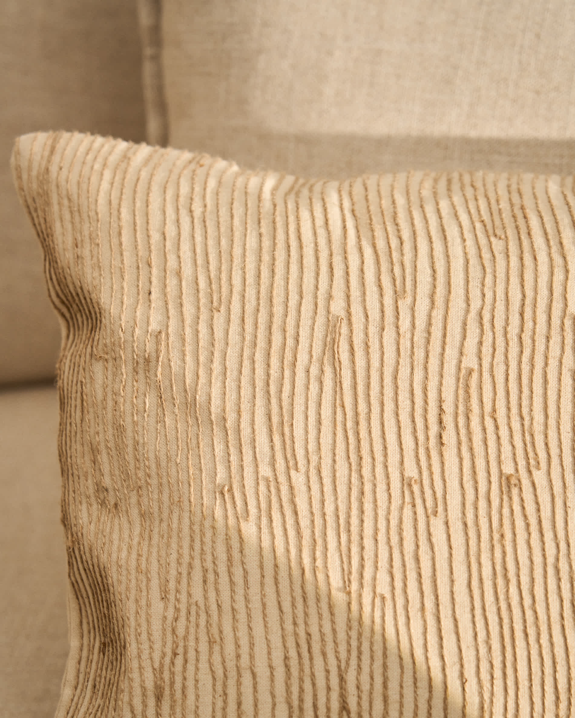 Belae ecru cotton cushion cover with beige jute embroidery 40 x 60cm
