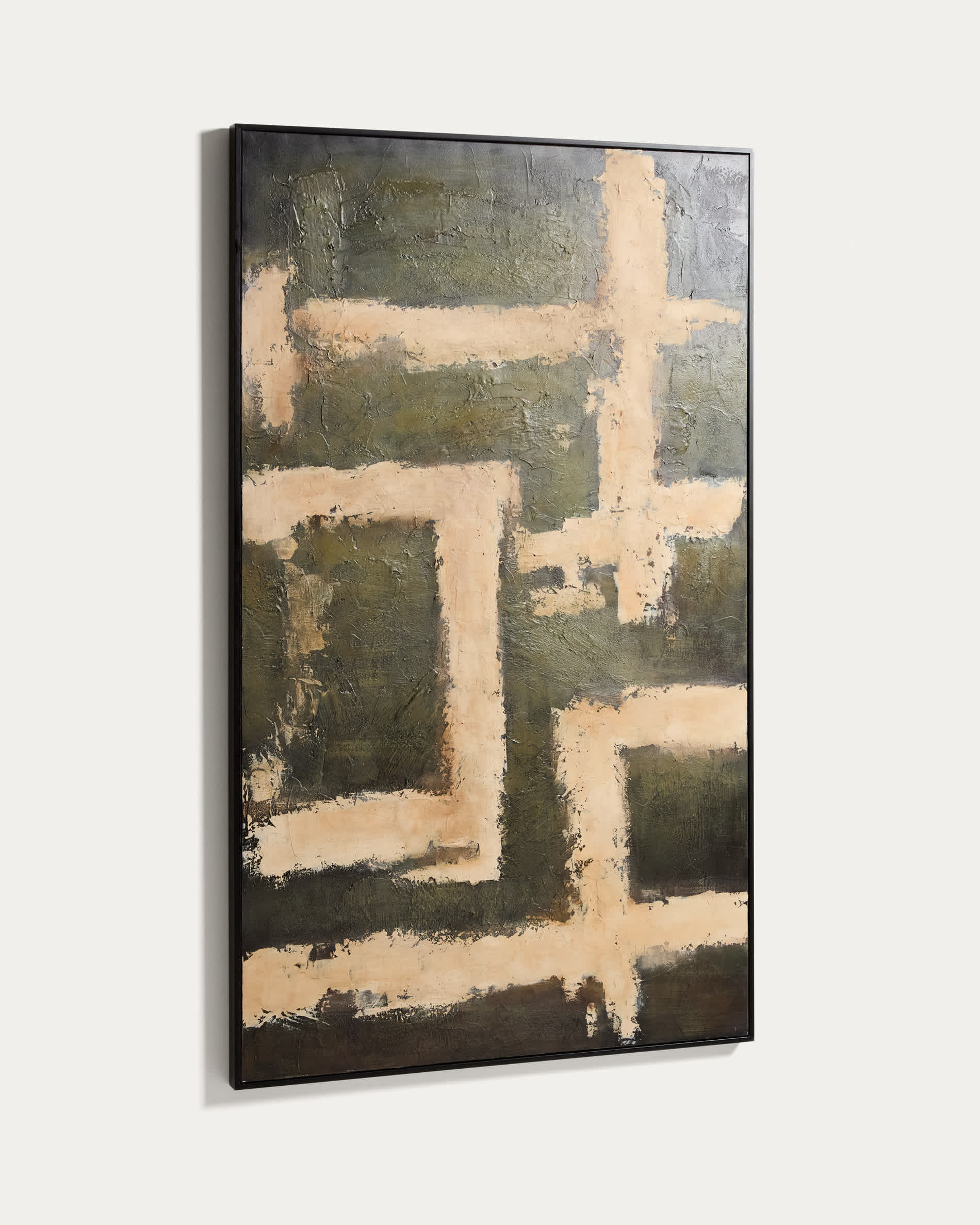 Emeri hand-painted abstract picture in olive green and beige 120 x 200cm