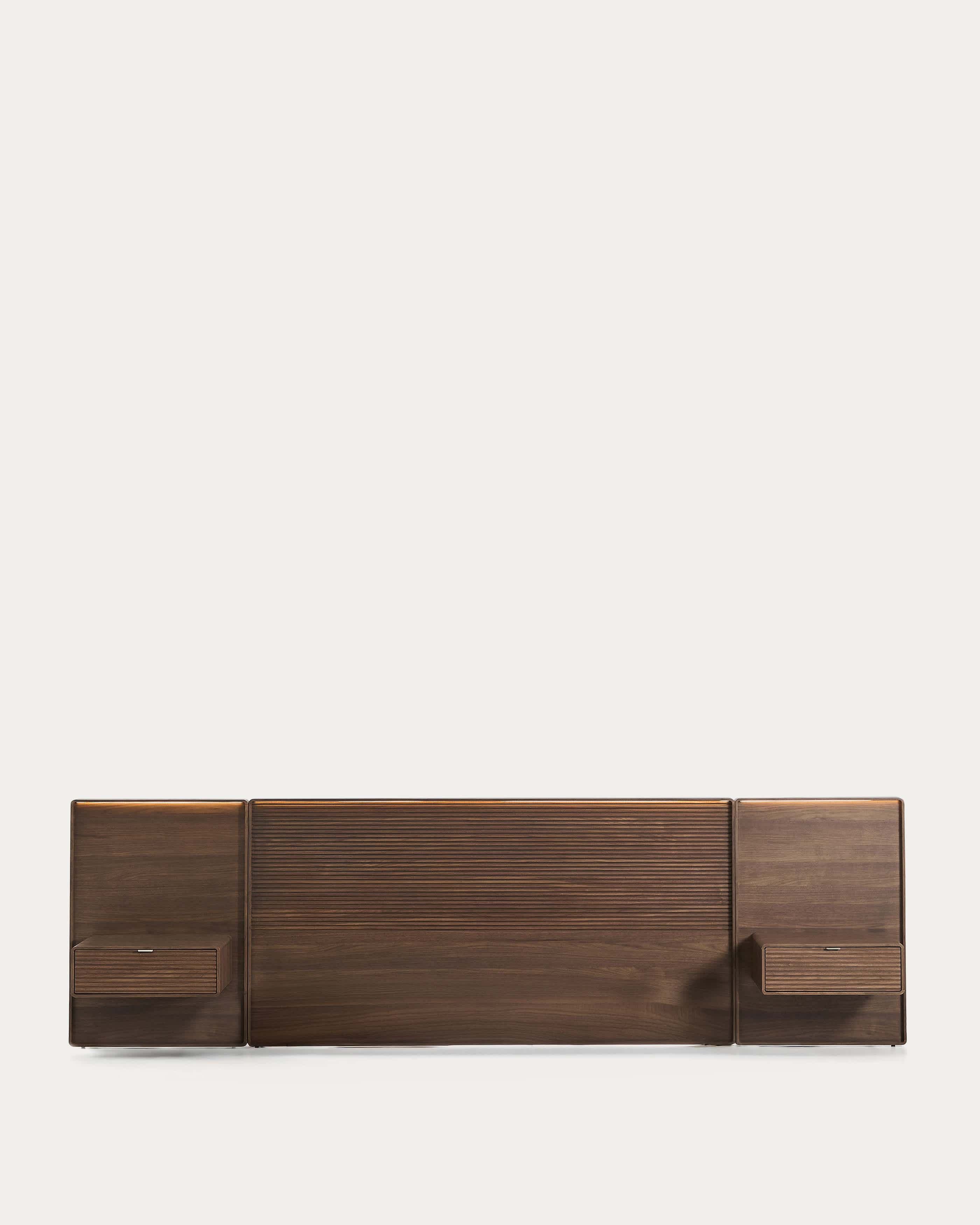 Norlen headboard with 2 bedside tables in walnut veneer with a dark finish and LED light for beds up to 180cm FSC Mix Credit
