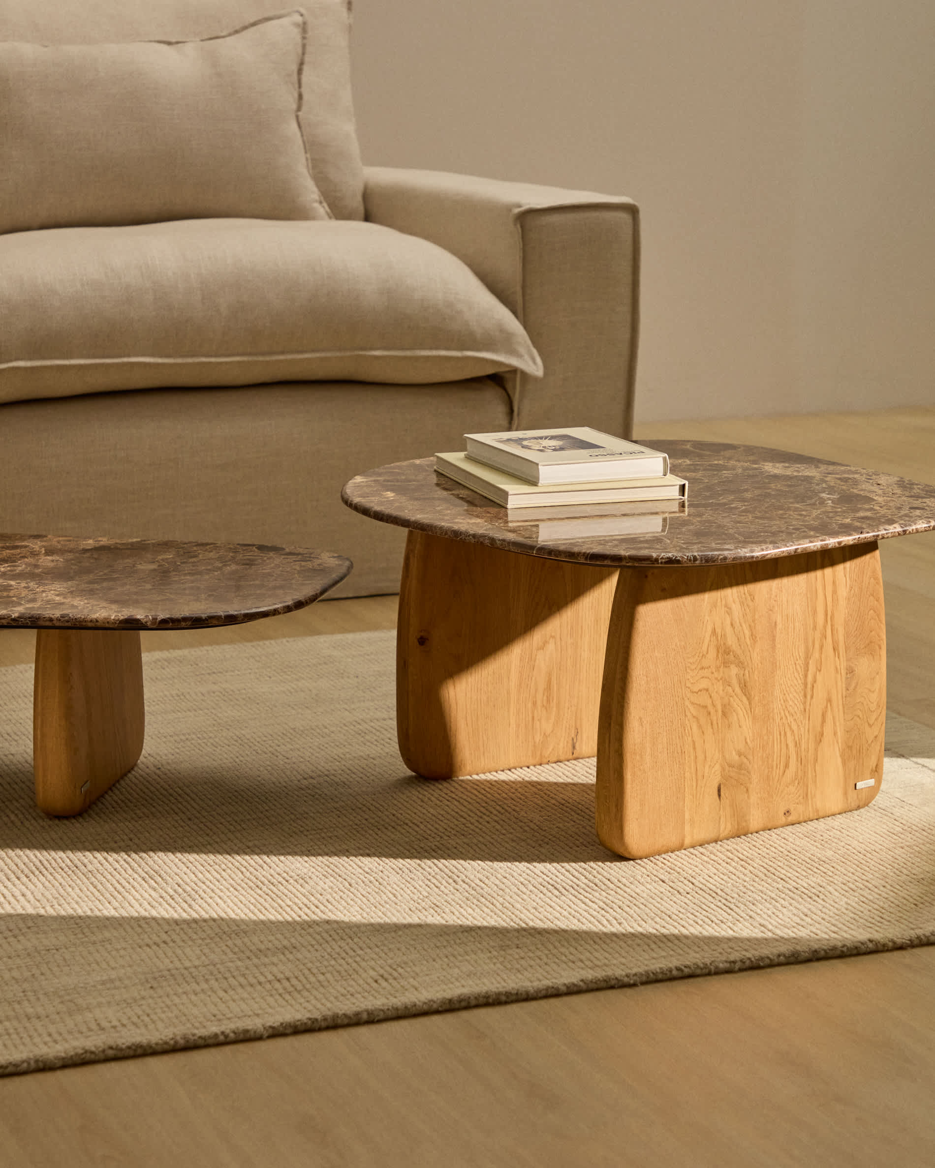 Pirita side table in brown marble with solid oak wood legs with a natural-tone finish 71 x 70cm FSC 100%