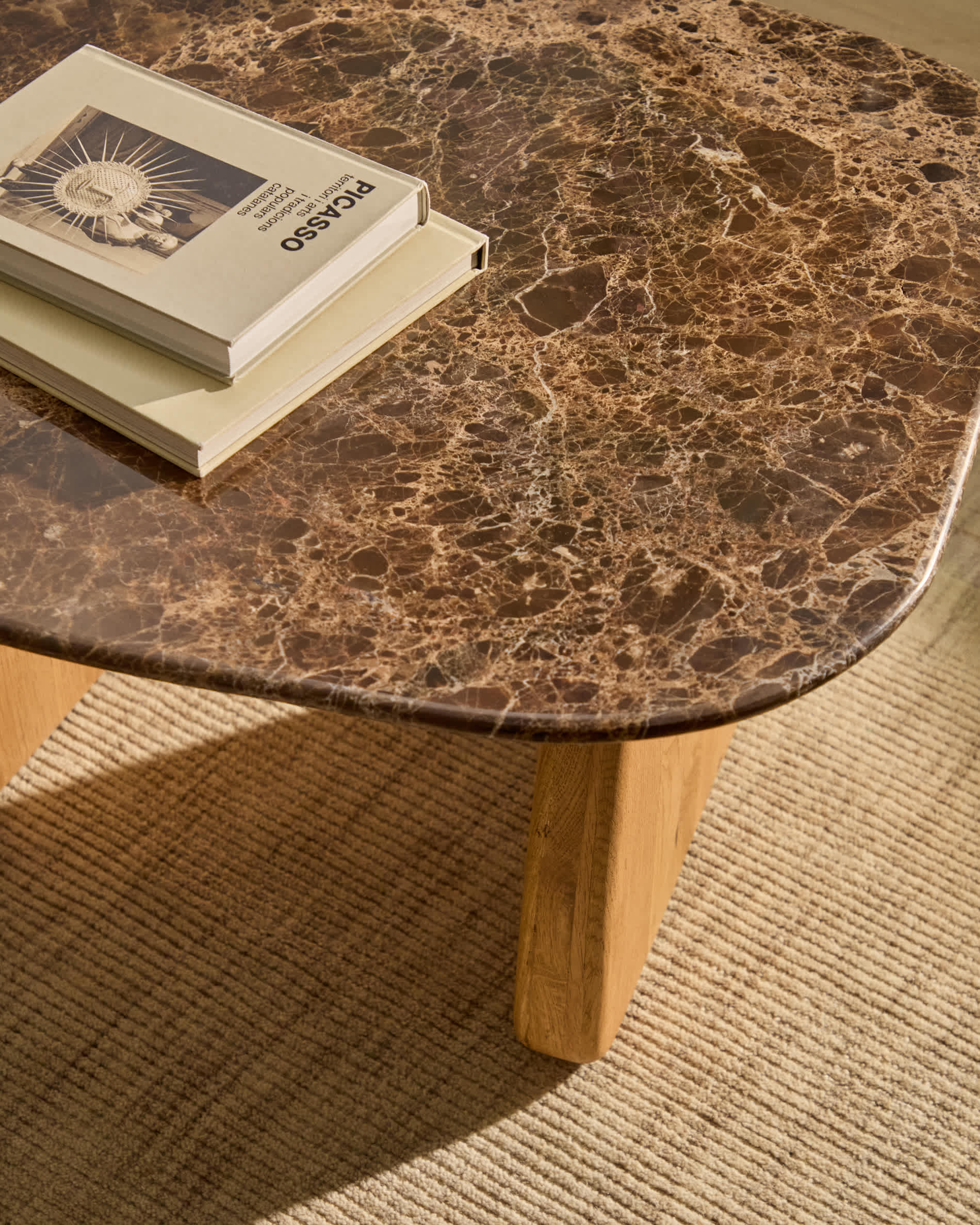 Pirita side table in brown marble with solid oak wood legs with a natural-tone finish 71 x 70cm FSC 100%