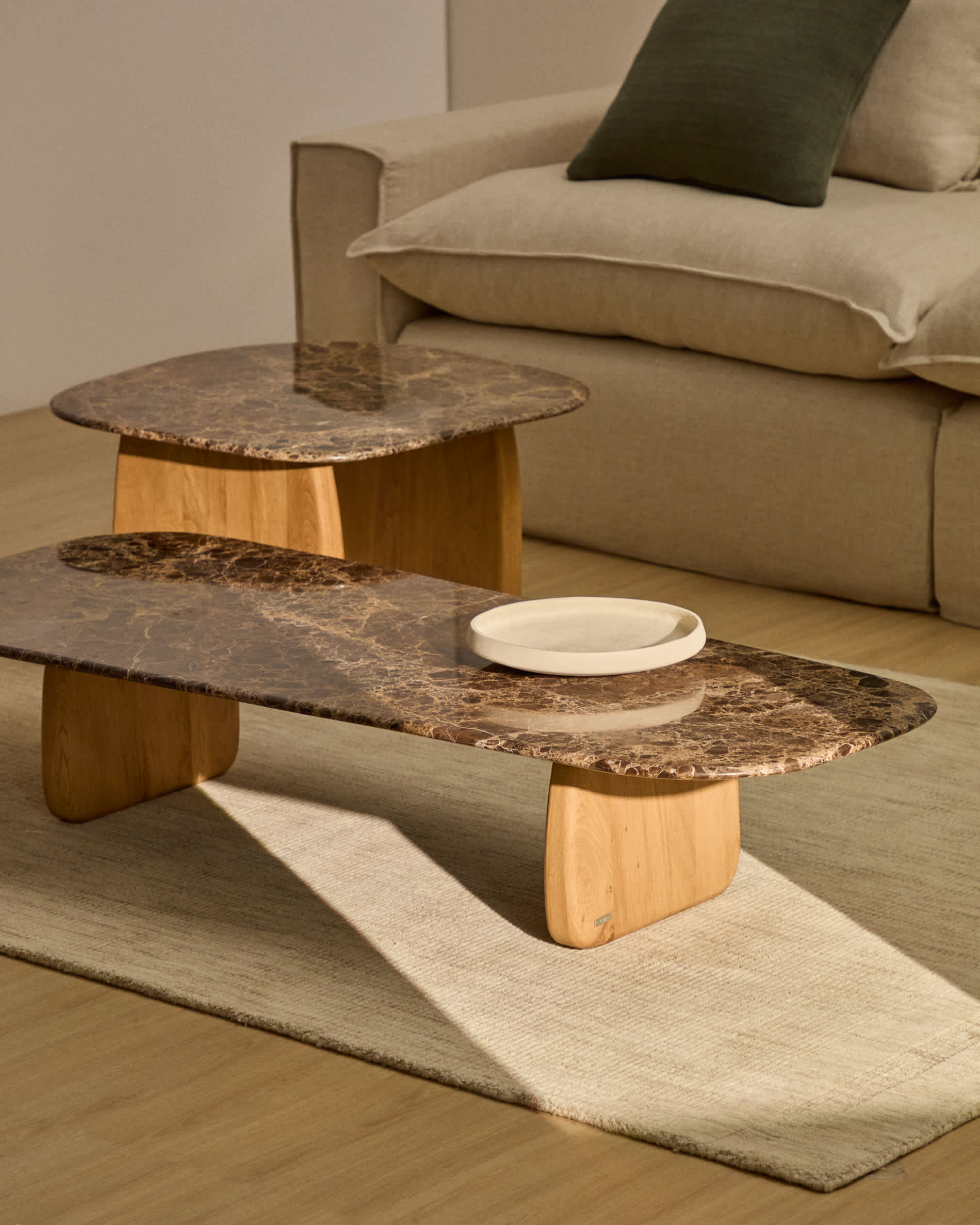Pirita coffee table in brown marble with solid oak wood legs with a natural-coloured finish 147 x 65cm FSC 100%