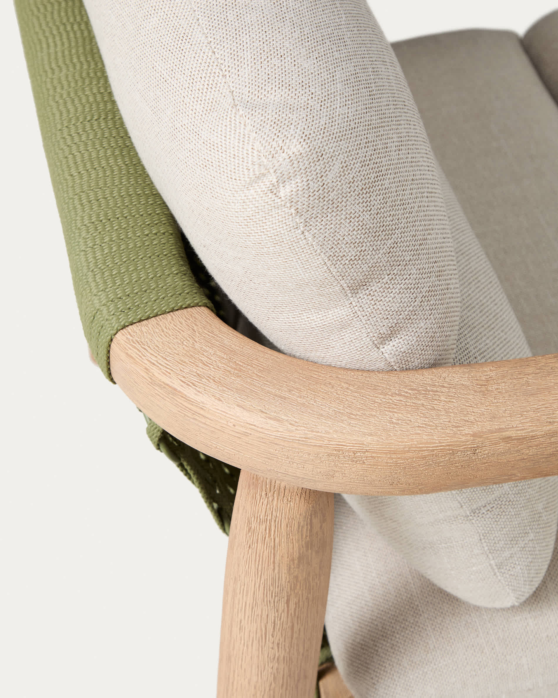 Set of 2 Menfi armchairs in acacia wood and green rope with Dandara coffee table in steel, rope and acacia wood FSC 100% Ø60 cm