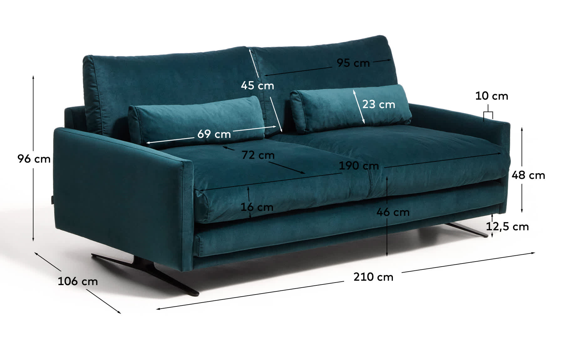 Veliro fire-retardant 2-seater sofa in deep turquoise velvet with steel legs with black finish 210cm FSC Mix Credit