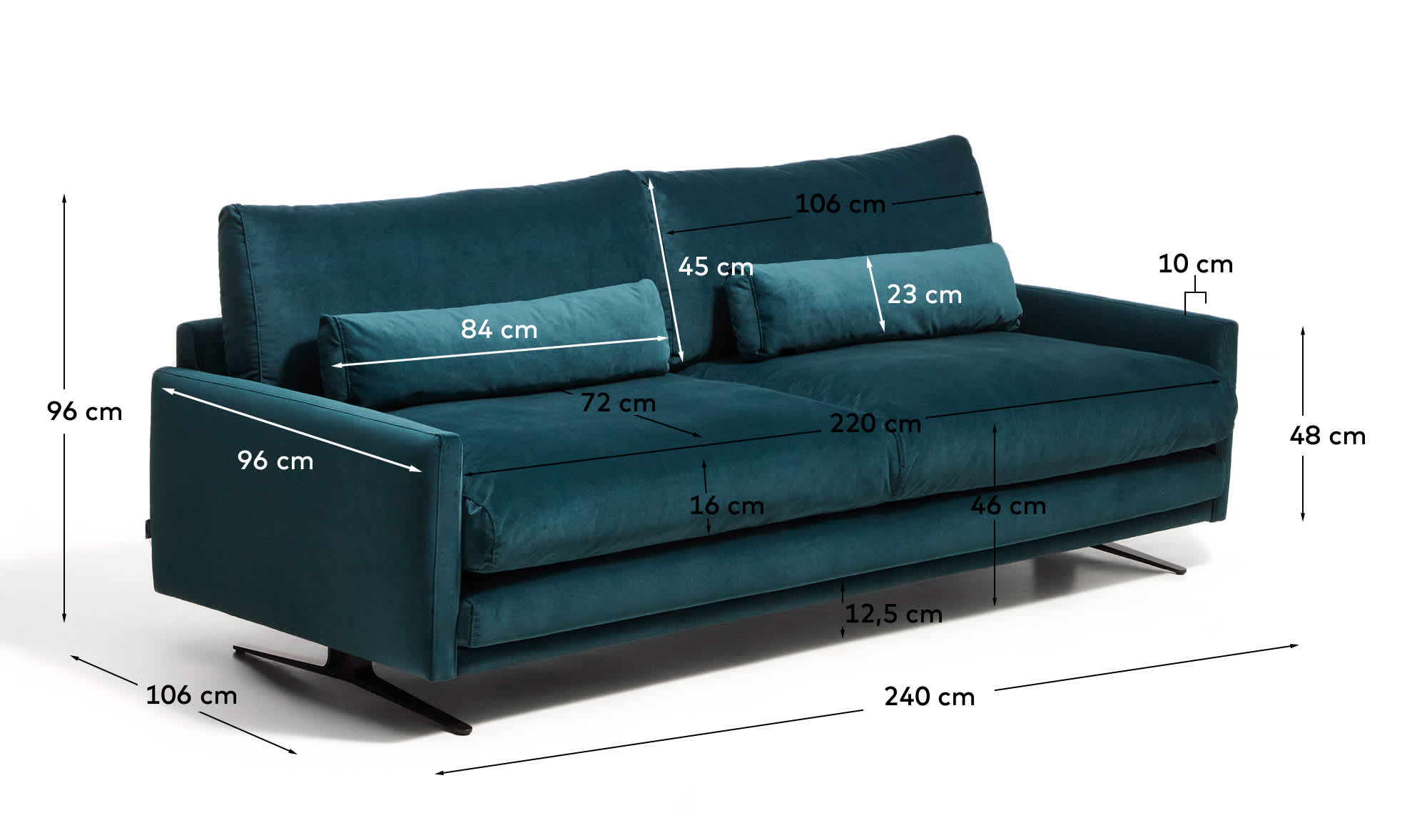 Veliro fire-retardant 3-seater sofa in deep turquoise velvet with steel legs with black finish 240cm FSC Mix Credit