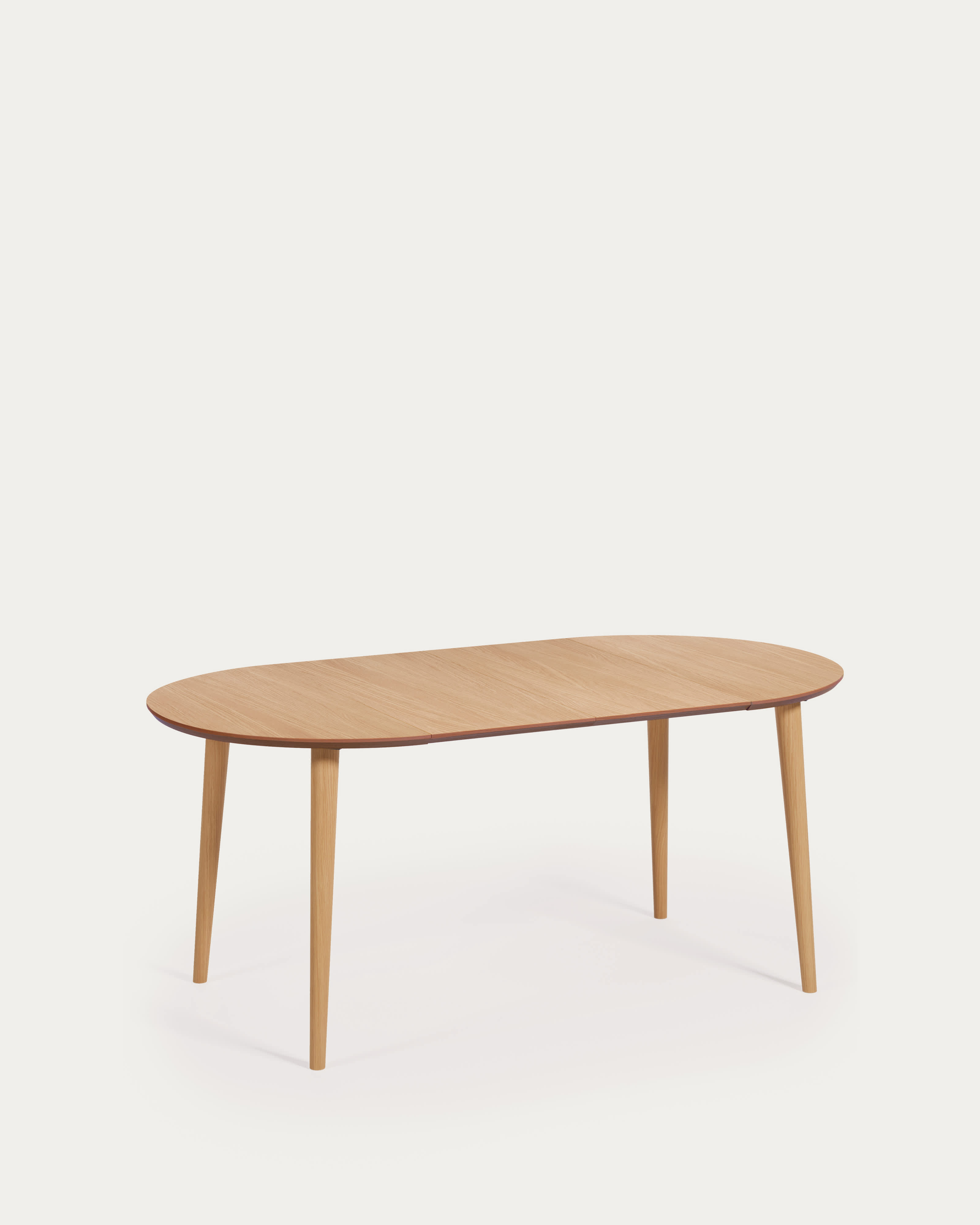 Oqui extendable round table in MDF oak veneer and solid wood legs, 90 (170) x 90 cm