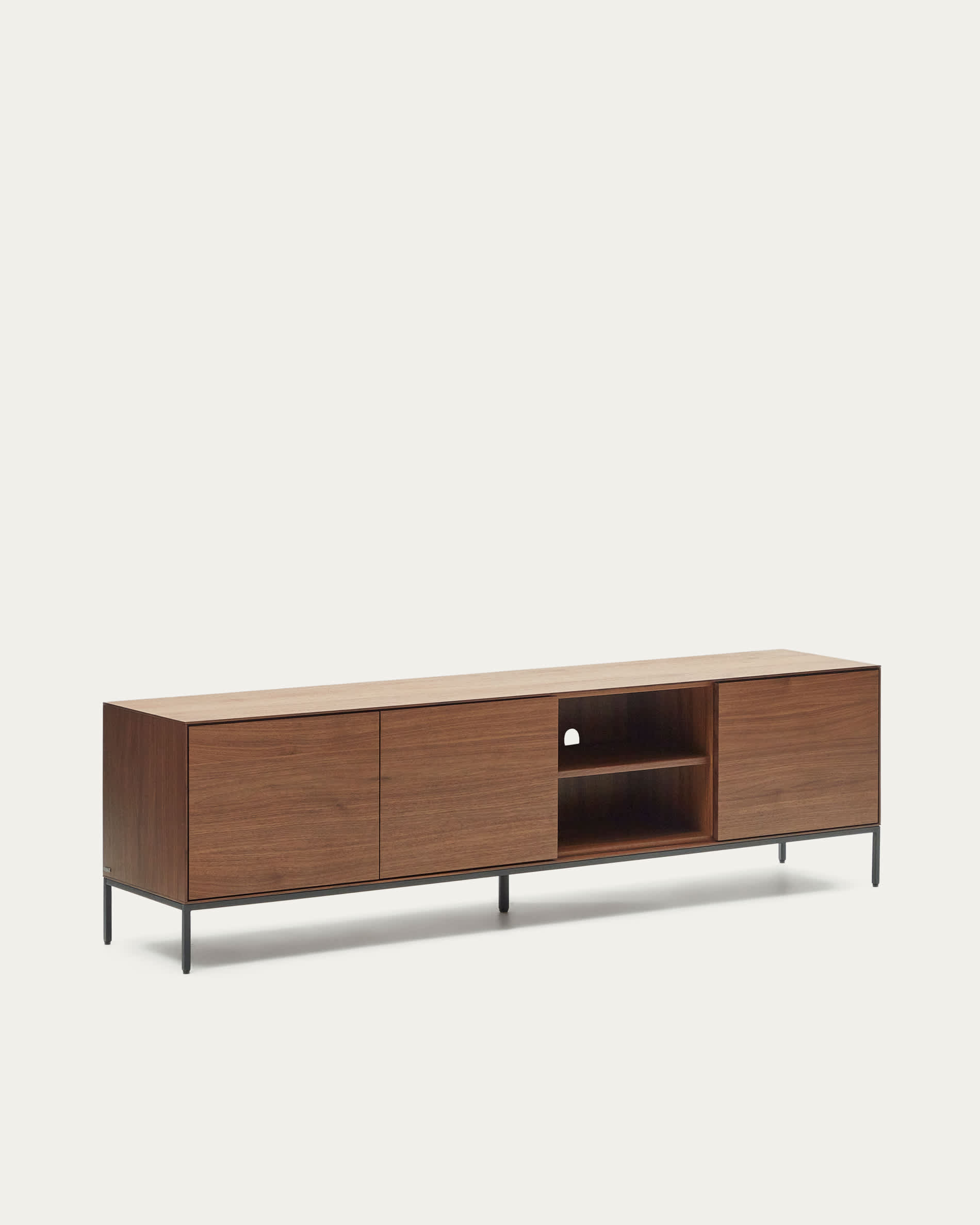 Vedrana 3-door TV stand in walnut veneer with black steel legs, 195 x 55 cm