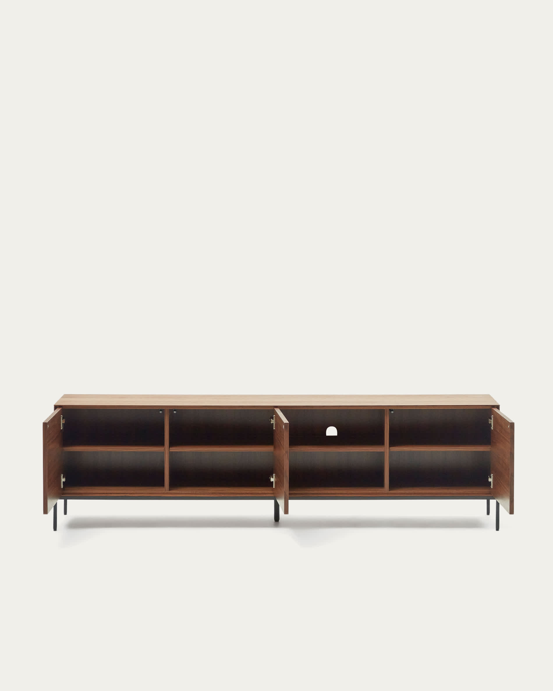 Vedrana 3-door TV stand in walnut veneer with black steel legs, 195 x 55 cm
