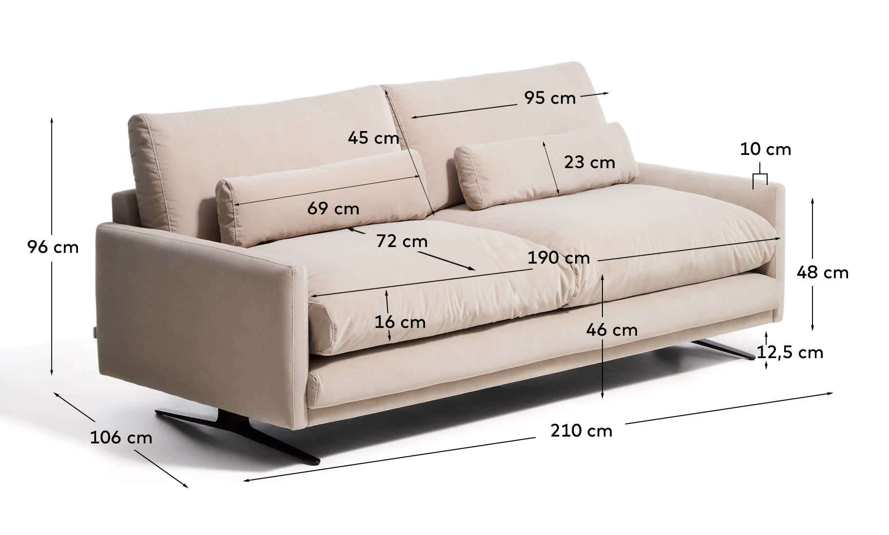 Veliro fire-retardant 2-seater sofa in pearl velvet with steel legs with black finish 210cm FSC Mix Credit