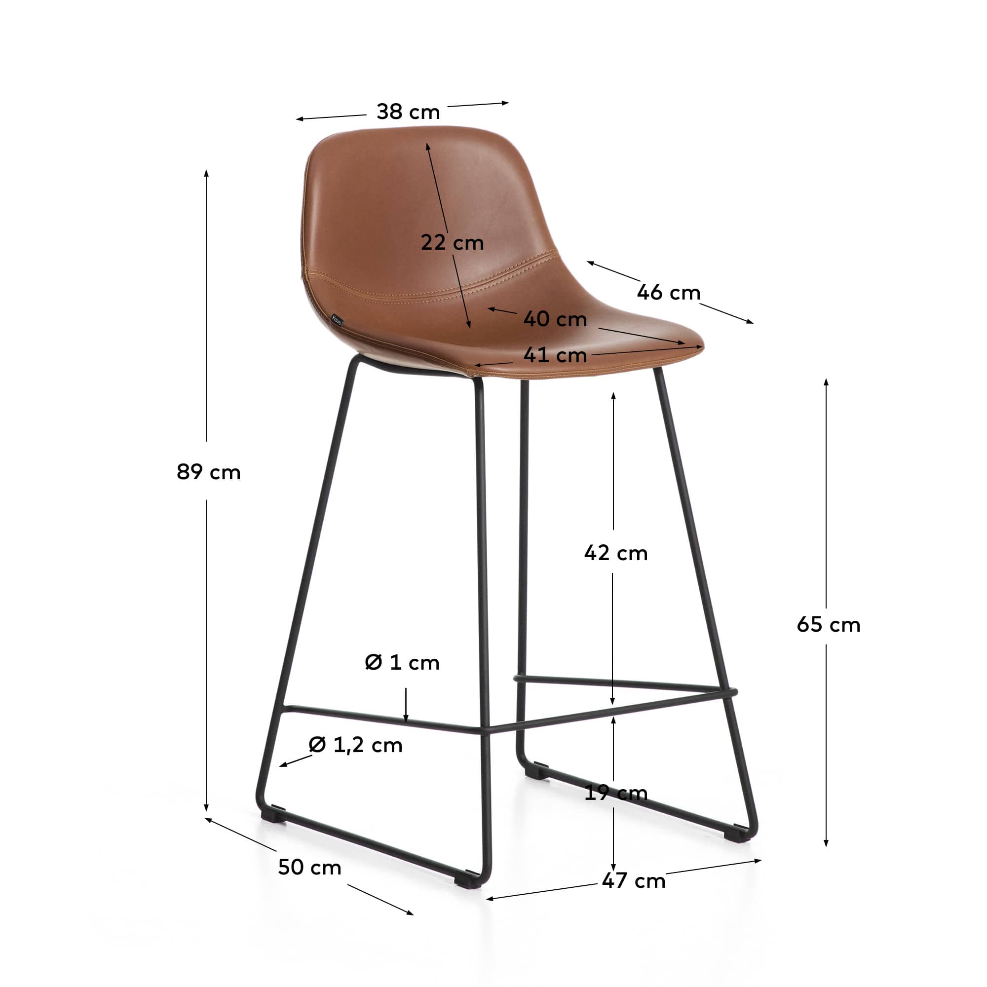 Zahara stool in brown polyurethane with steel legs with black finish 65cm FSC 100%
