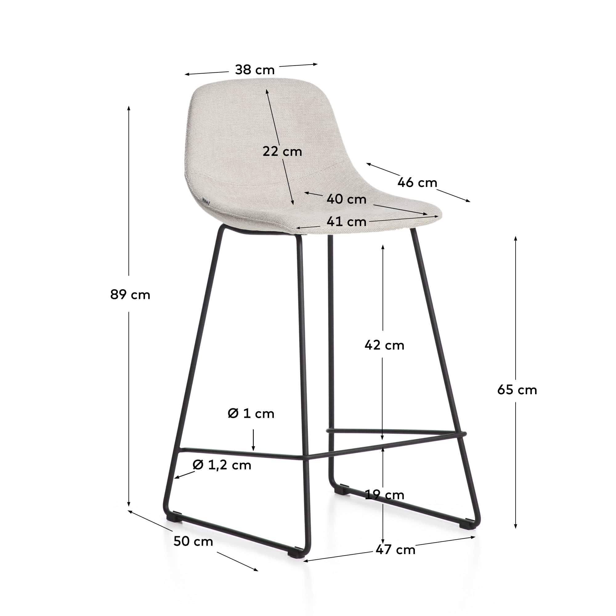 Zahara stool in beige chenille with steel legs with black finish 65cm FSC 100%