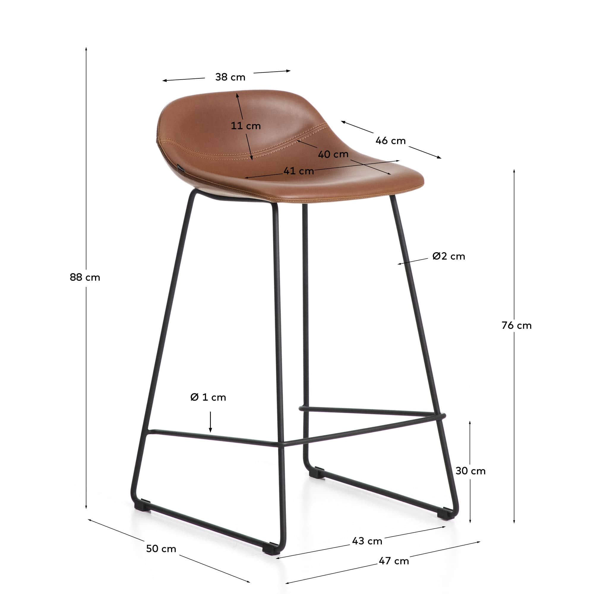 Zahara stool in brown polyurethane with steel legs with black finish 76cm FSC 100%