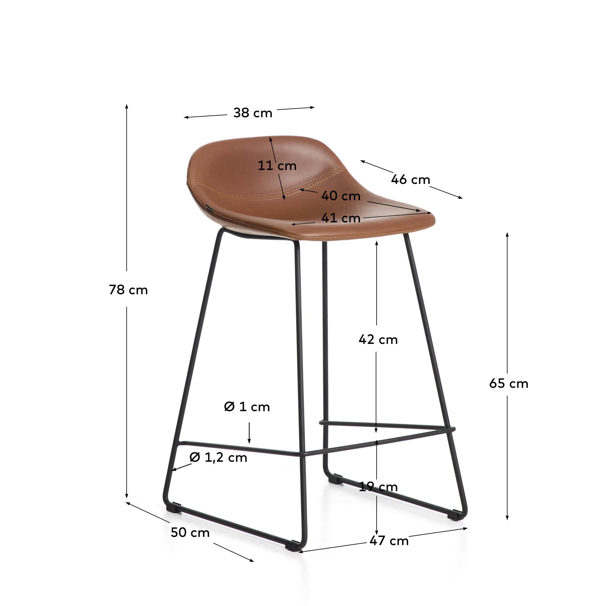 Zahara stool in brown polyurethane with steel legs with black finish 65cm FSC 100%