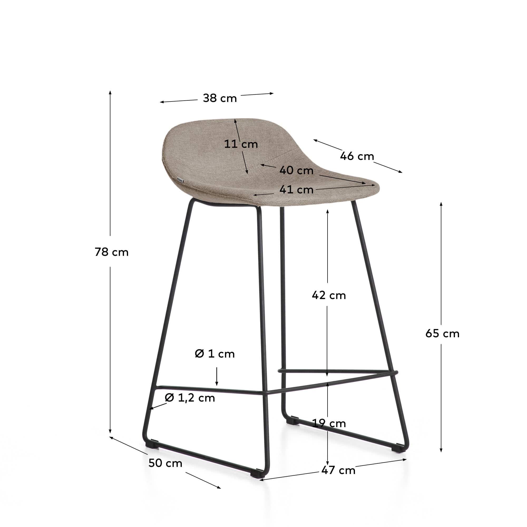 Zahara stool in brown chenille with steel legs with black finish 65cm FSC 100%