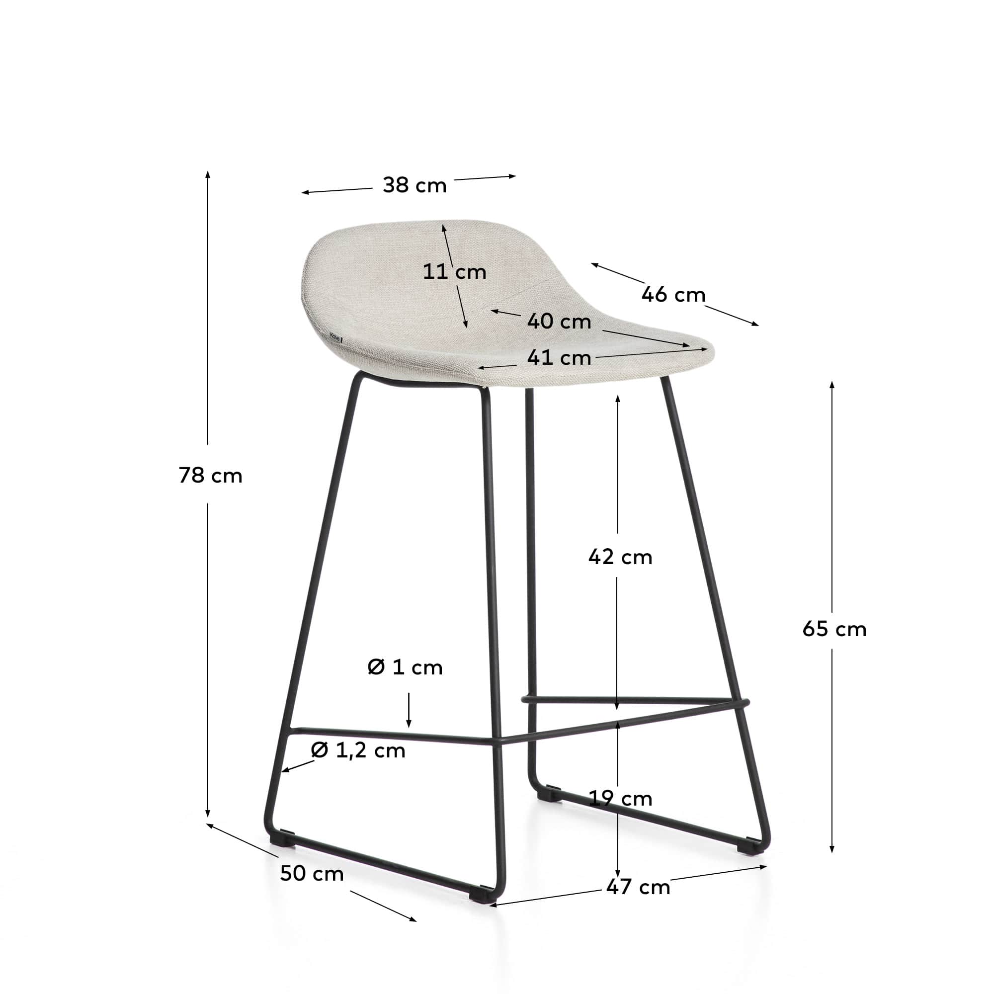 Zahara stool in beige chenille with steel legs with black finish 65cm FSC 100%