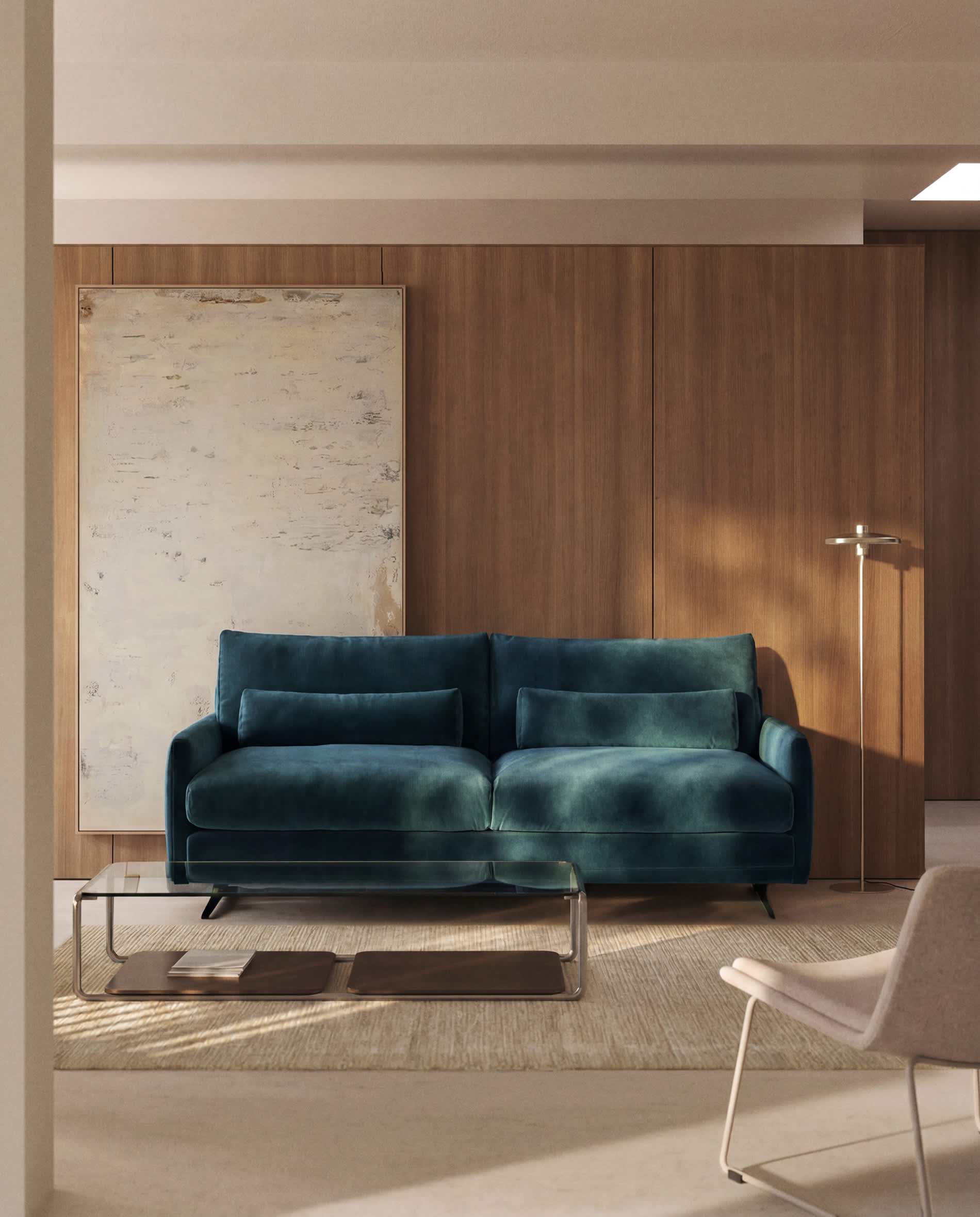 Veliro fire-retardant 2-seater sofa in deep turquoise velvet with steel legs with black finish 210cm FSC Mix Credit