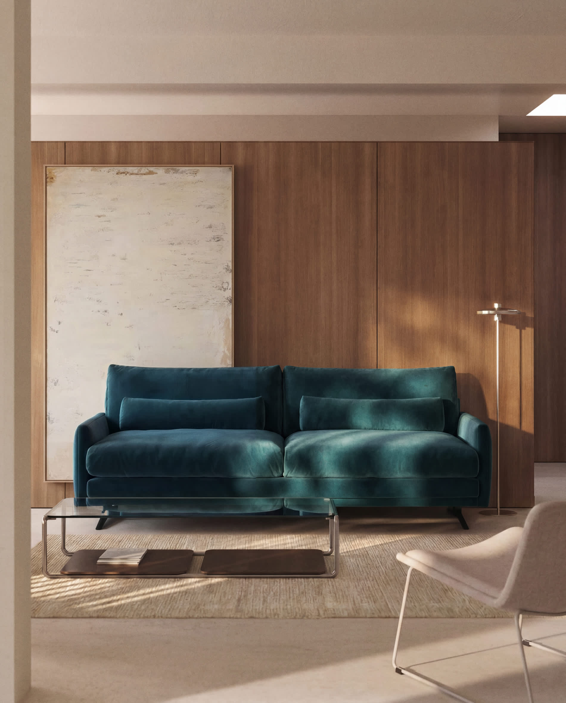 Veliro fire-retardant 3-seater sofa in deep turquoise velvet with steel legs with black finish 240cm FSC Mix Credit