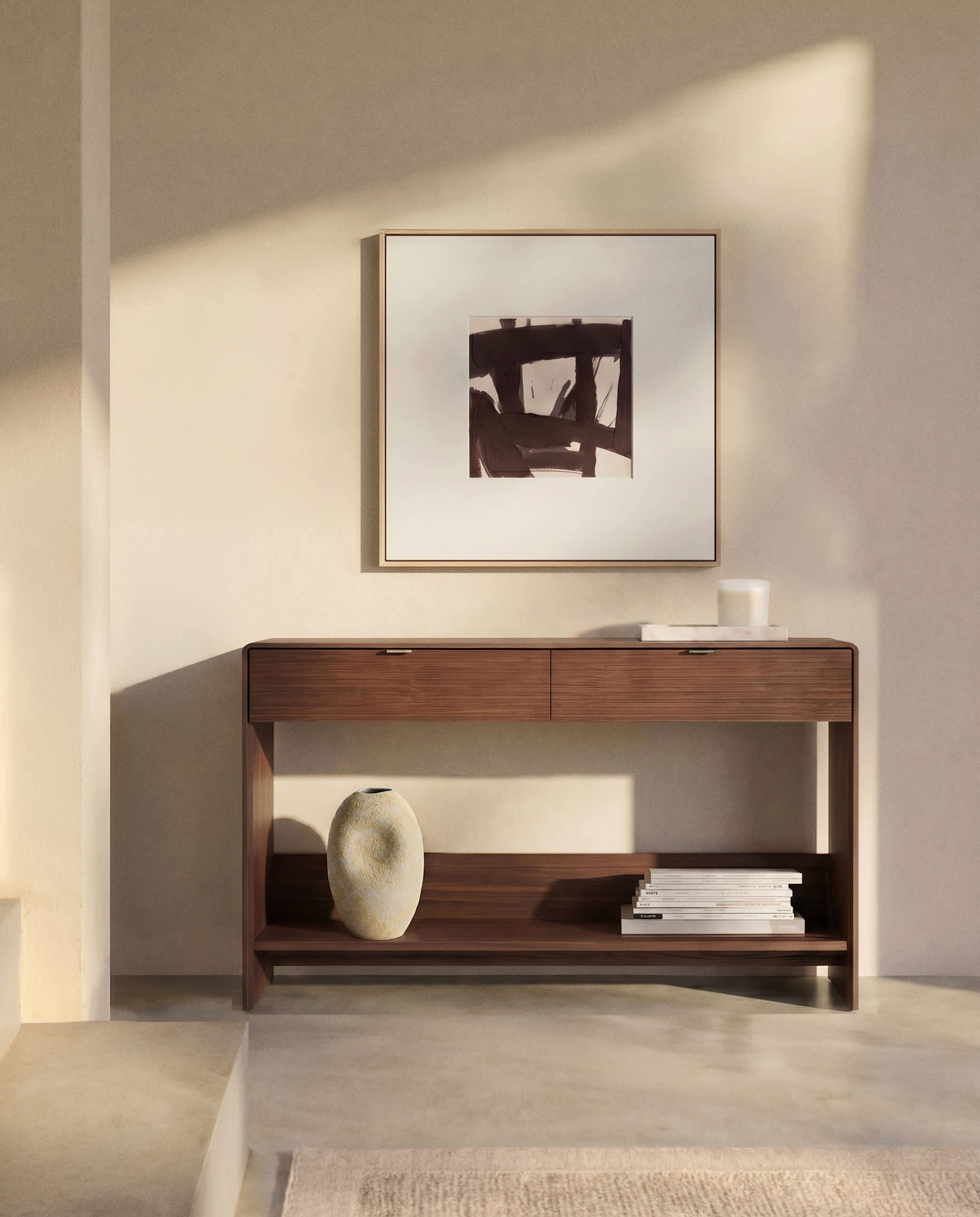 Norlen console with 2 drawers and shelf in walnut veneer FSC Mix Credit 120 x 81 cm