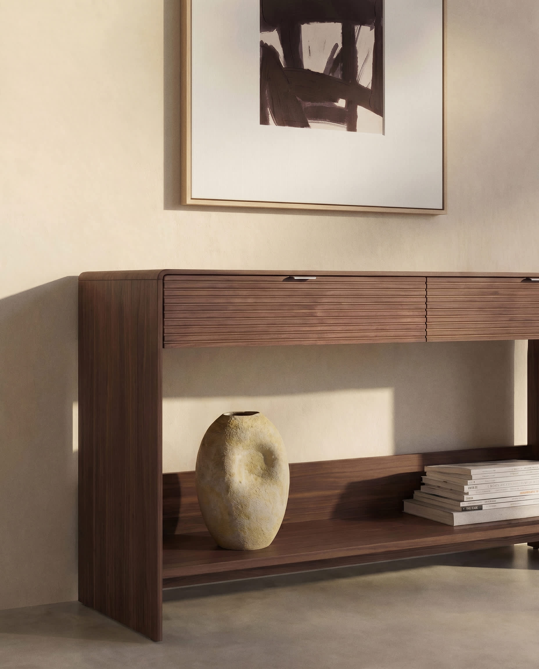 Norlen console with 2 drawers and shelf in walnut veneer FSC Mix Credit 120 x 81 cm