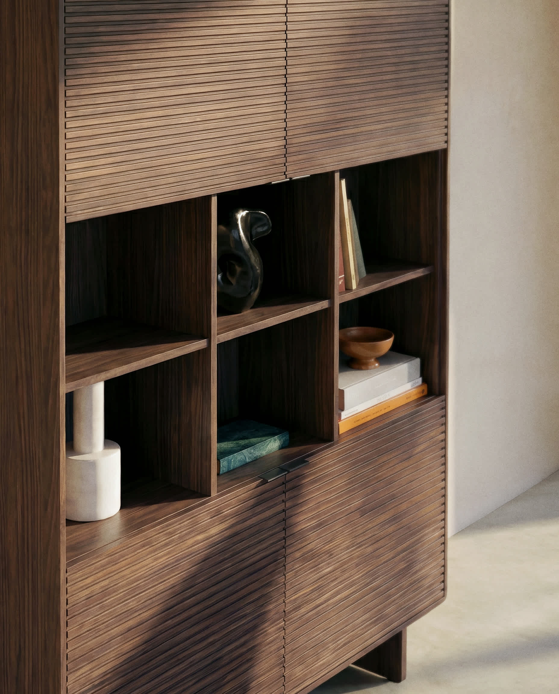 Norlen 4-door tall sideboard in walnut veneer FSC Mix Credit 100 x 163 cm