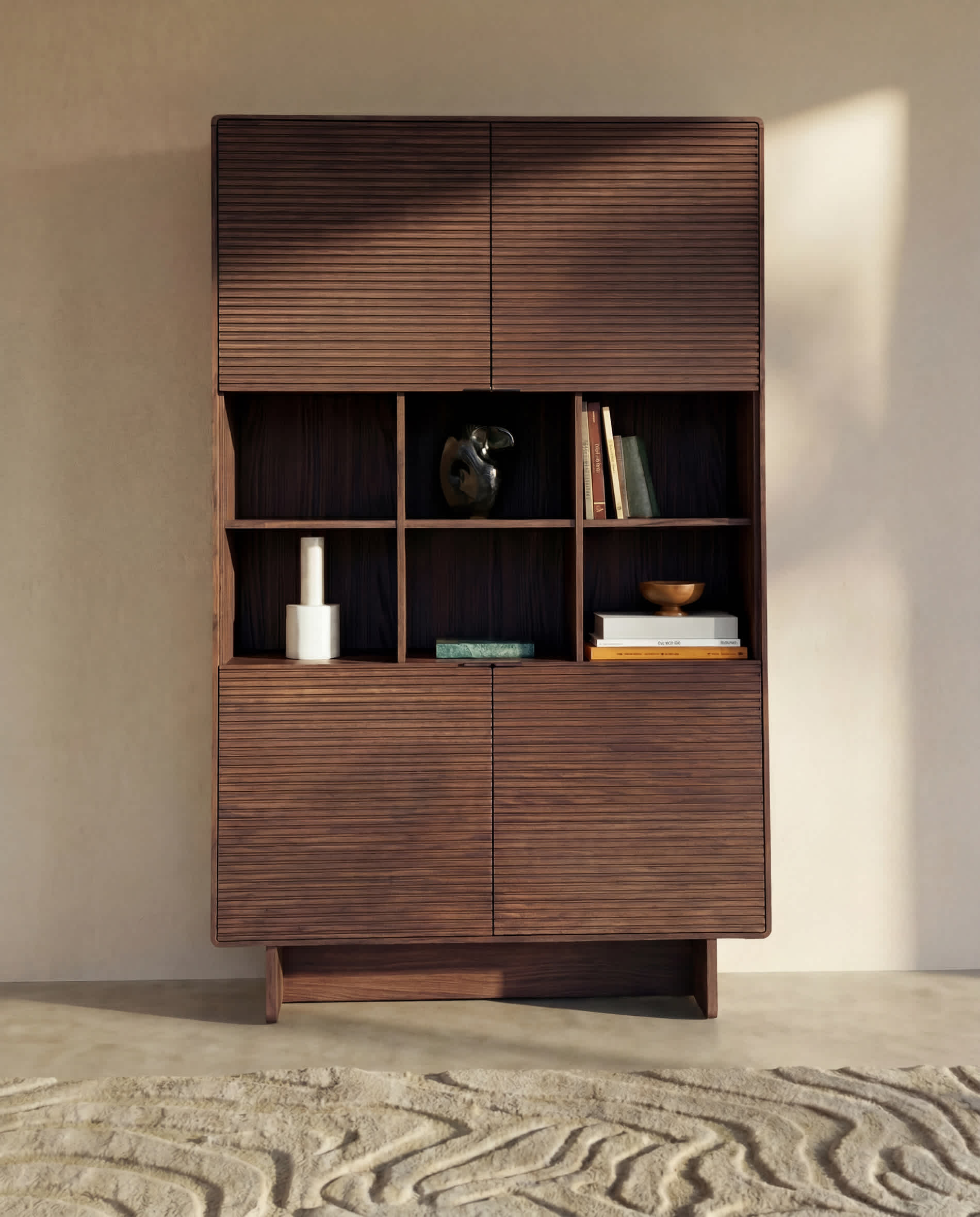 Norlen 4-door tall sideboard in walnut veneer FSC Mix Credit 100 x 163 cm
