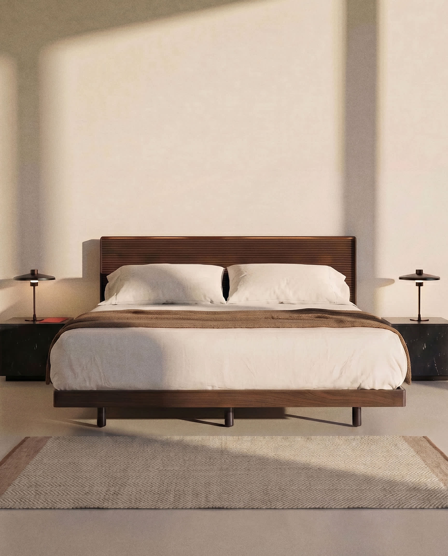 Norlen bed in walnut veneer with dark finish and LED light for 180 x 200 cm mattress FSC Mix Credit