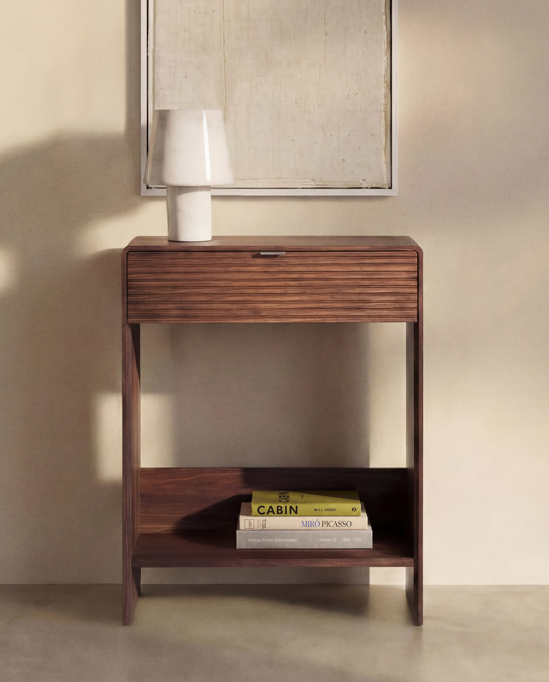 Norlen console with drawer and shelf in walnut veneer FSC Mix Credit 60 x 81 cm