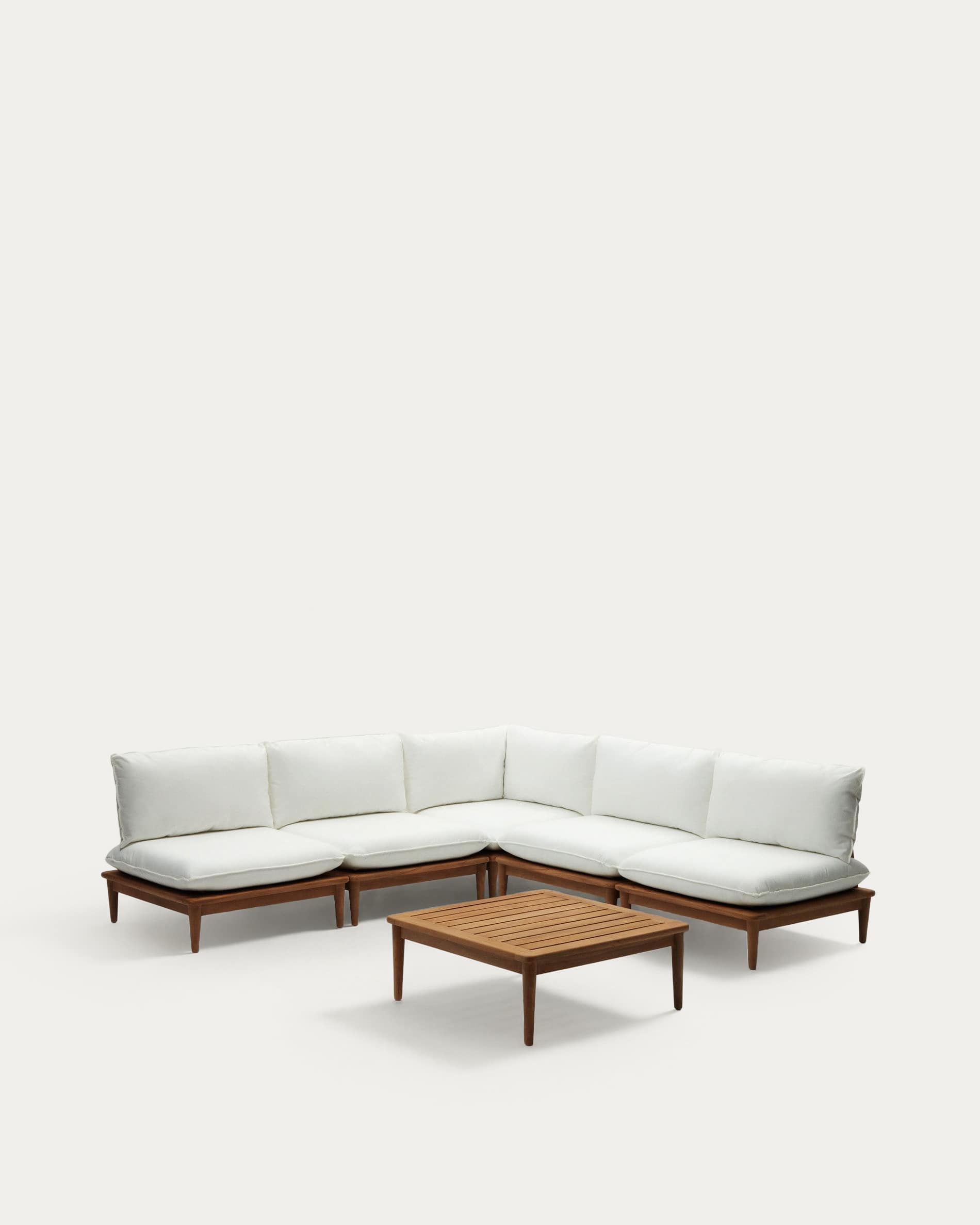 Portitxol set of 1 corner armchair, 4 modular armchairs and coffee table in solid teak