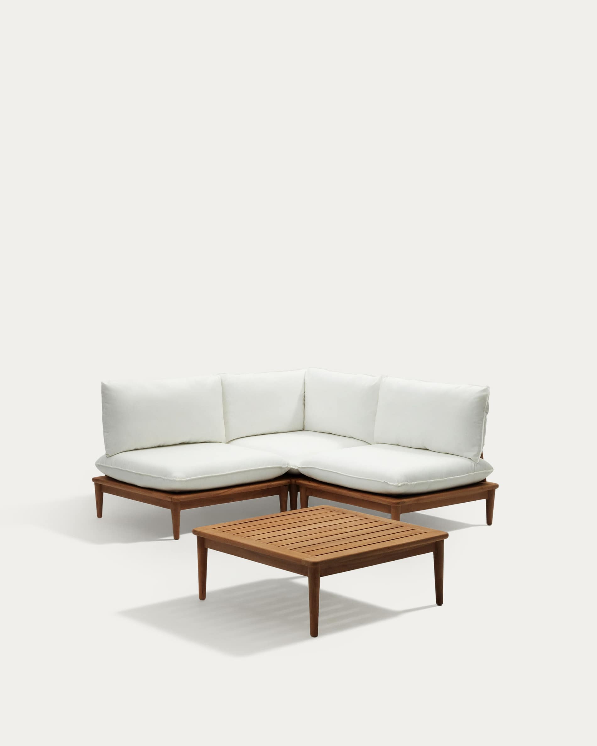 Portitxol set of 1 corner armchair, 2 modular armchairs and coffee table in solid teak