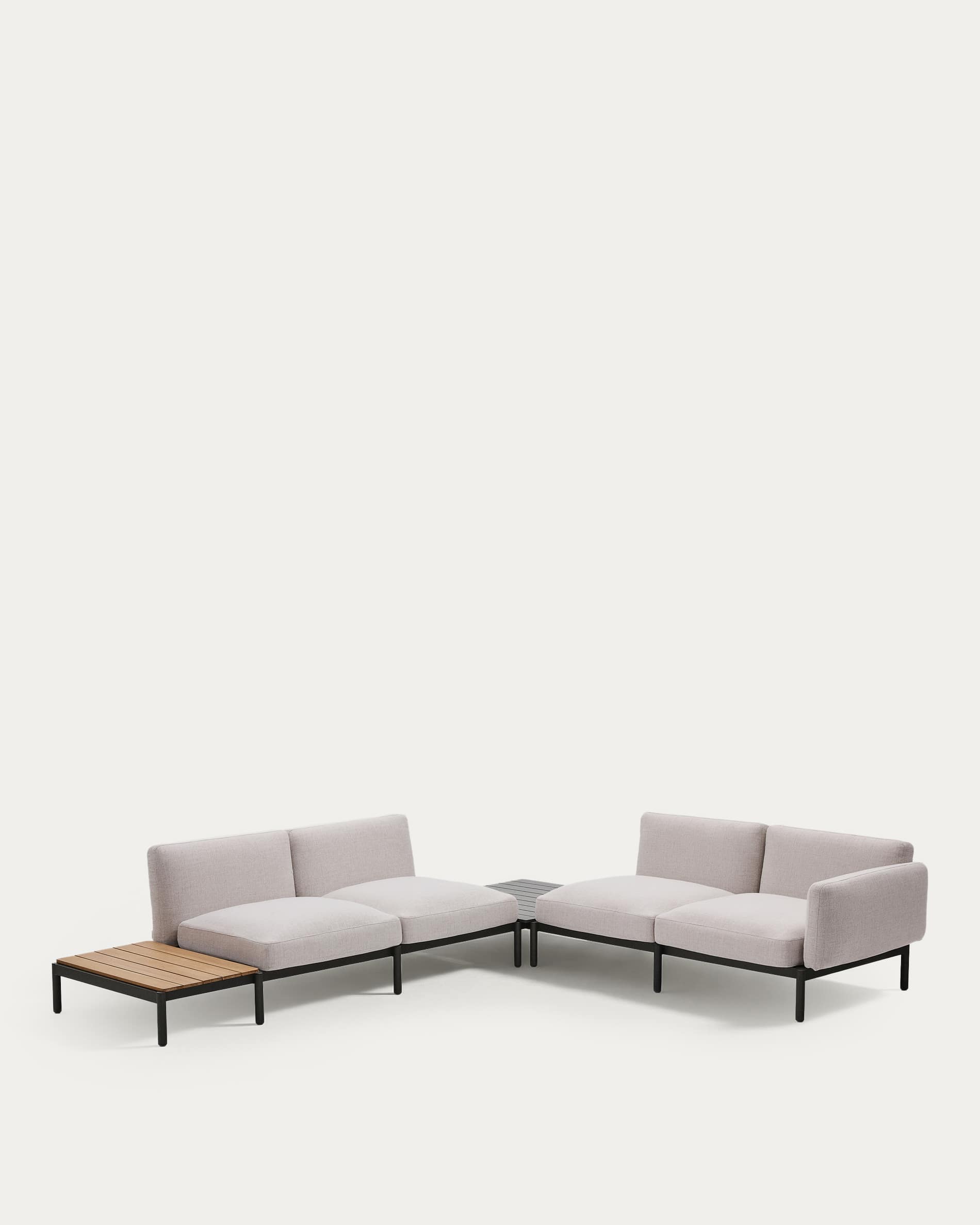 Sorells outdoor modular 4-seater corner sofa with beige upholstery and grey aluminium with teak table 353 x 316.5cm FSC 100%