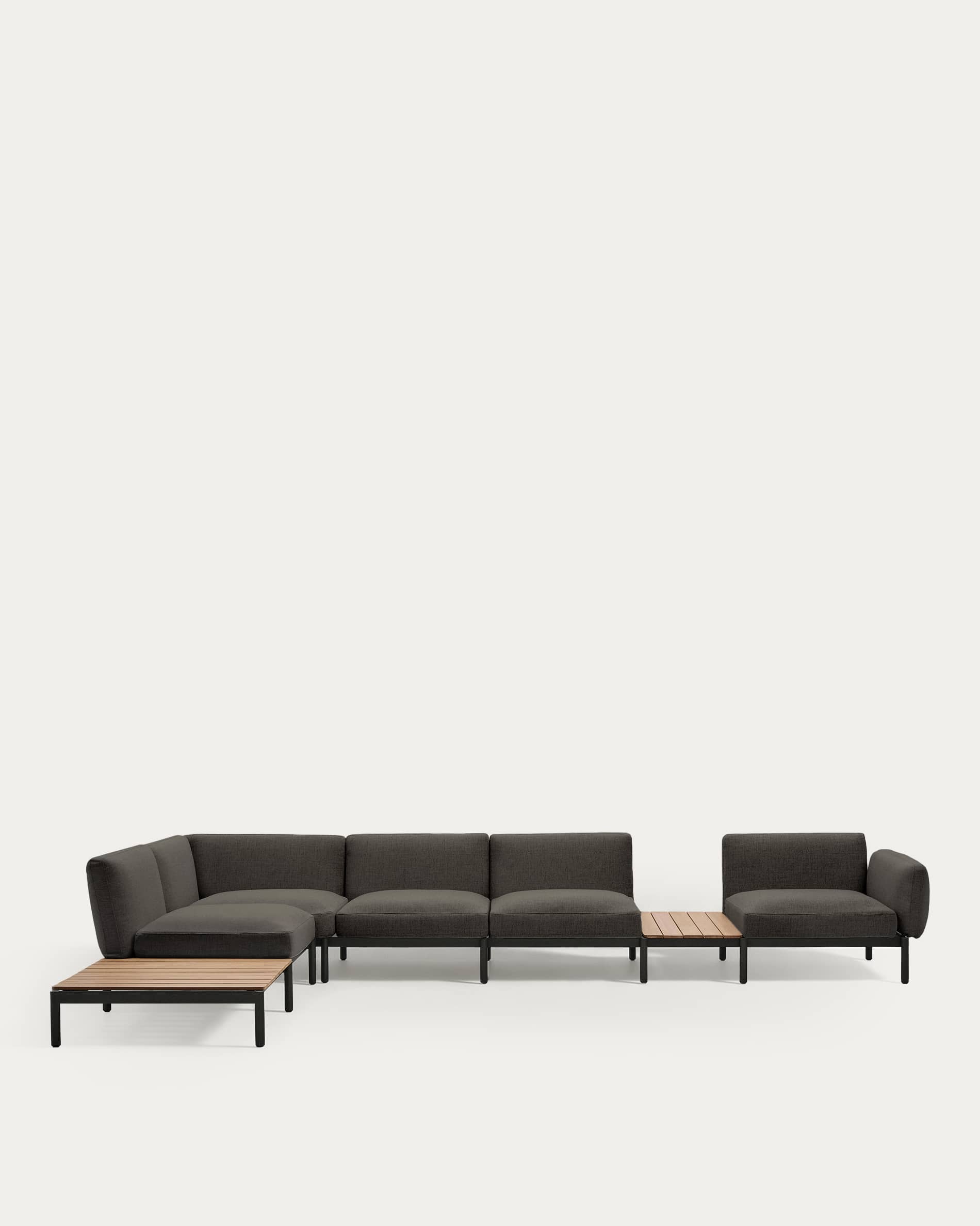 Sorells outdoor modular 5-seater corner sofa with grey upholstery and grey aluminium with teak tables 277 x 446cm FSC 100%