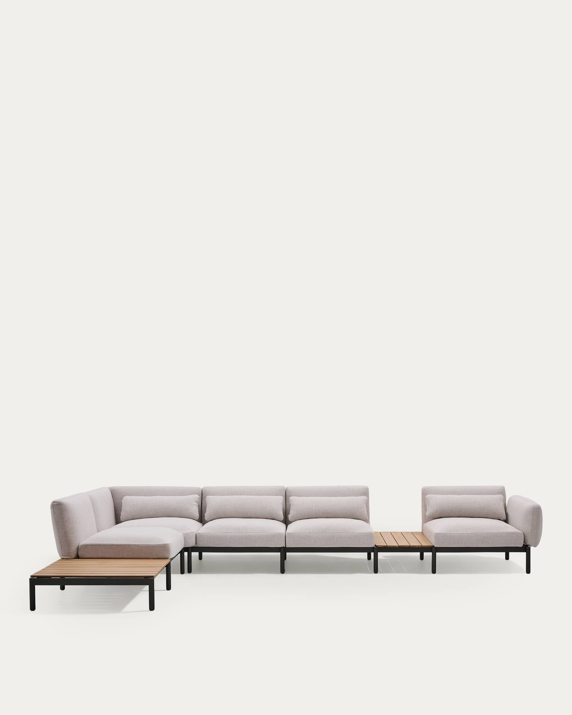 Sorells outdoor modular 5-seater corner sofa with beige upholstery and grey aluminium with teak tables 277 x 446cm FSC 100%