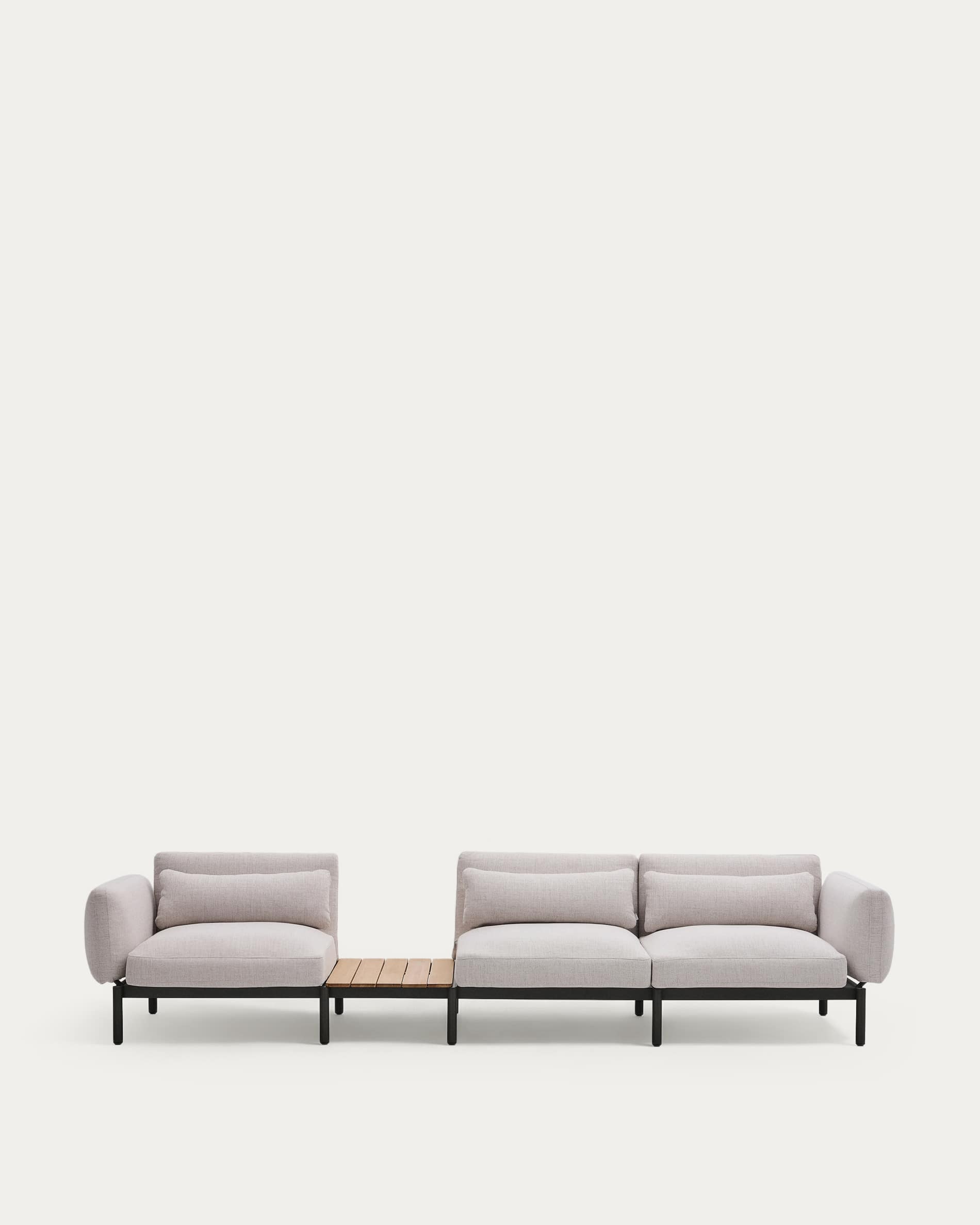 Sorells outdoor modular 3-seater sofa with beige upholstery and grey aluminium with teak table 341 x 113cm FSC 100%