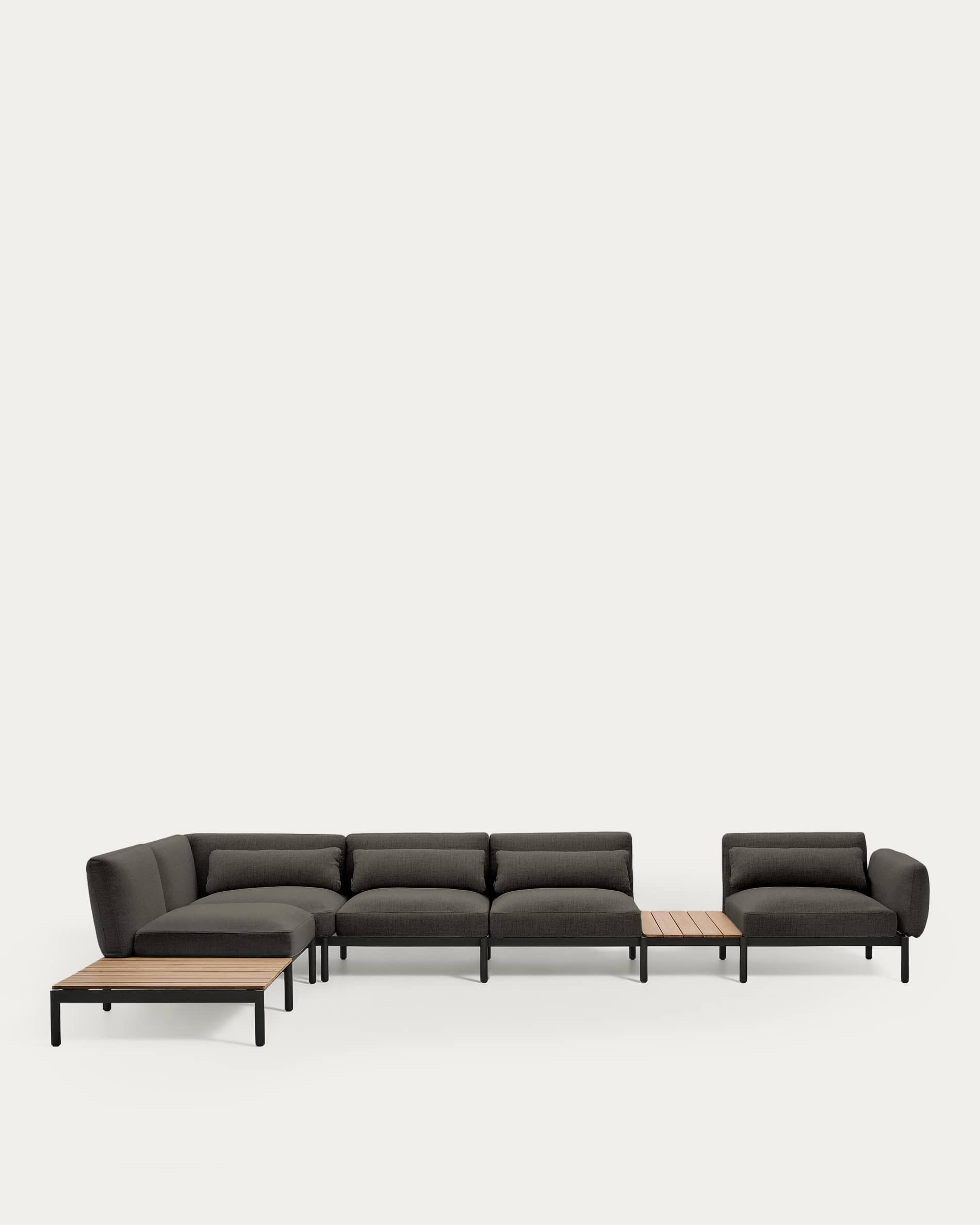 Sorells outdoor modular 5-seater corner sofa with grey upholstery and grey aluminium with teak tables 277 x 446cm FSC 100%