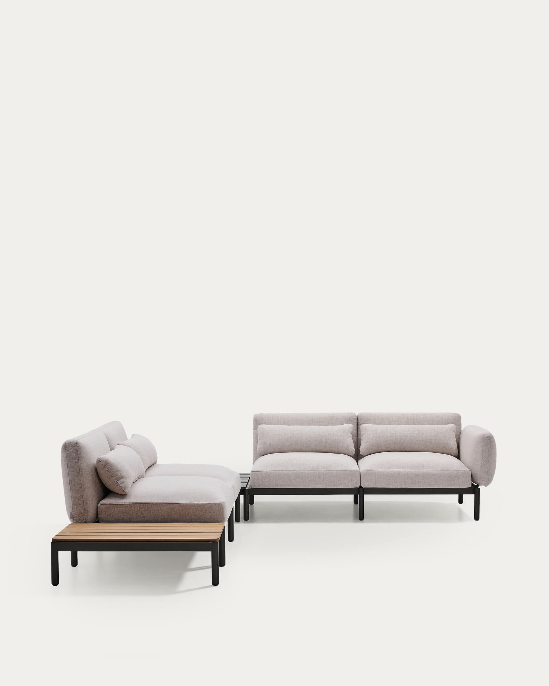 Sorells outdoor modular 4-seater corner sofa with beige upholstery and grey aluminium with teak table 353 x 316.5cm FSC 100%