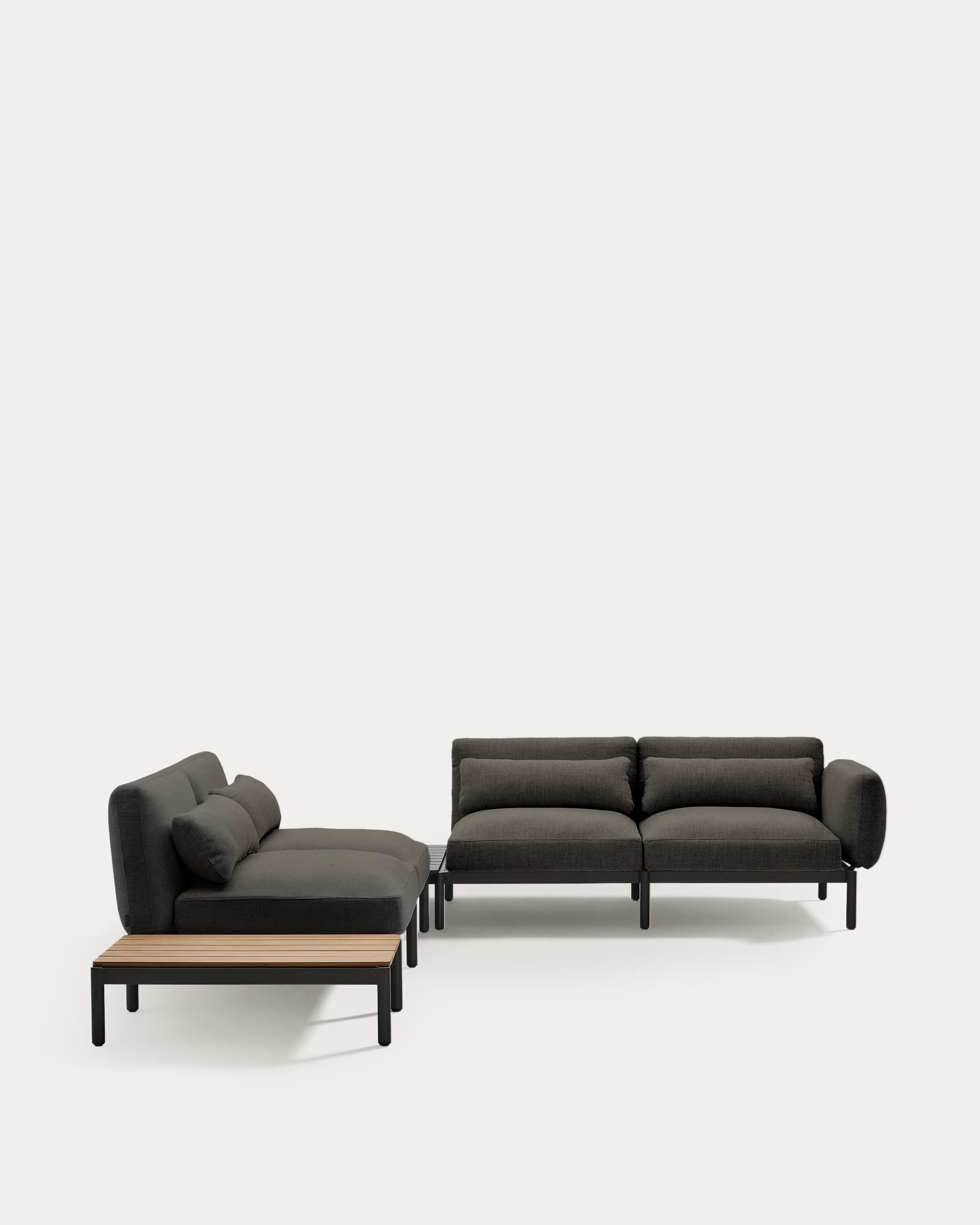 Sorells outdoor modular 4-seater corner sofa with grey upholstery and grey aluminium with teak table 353 x 316.5cm FSC 100%