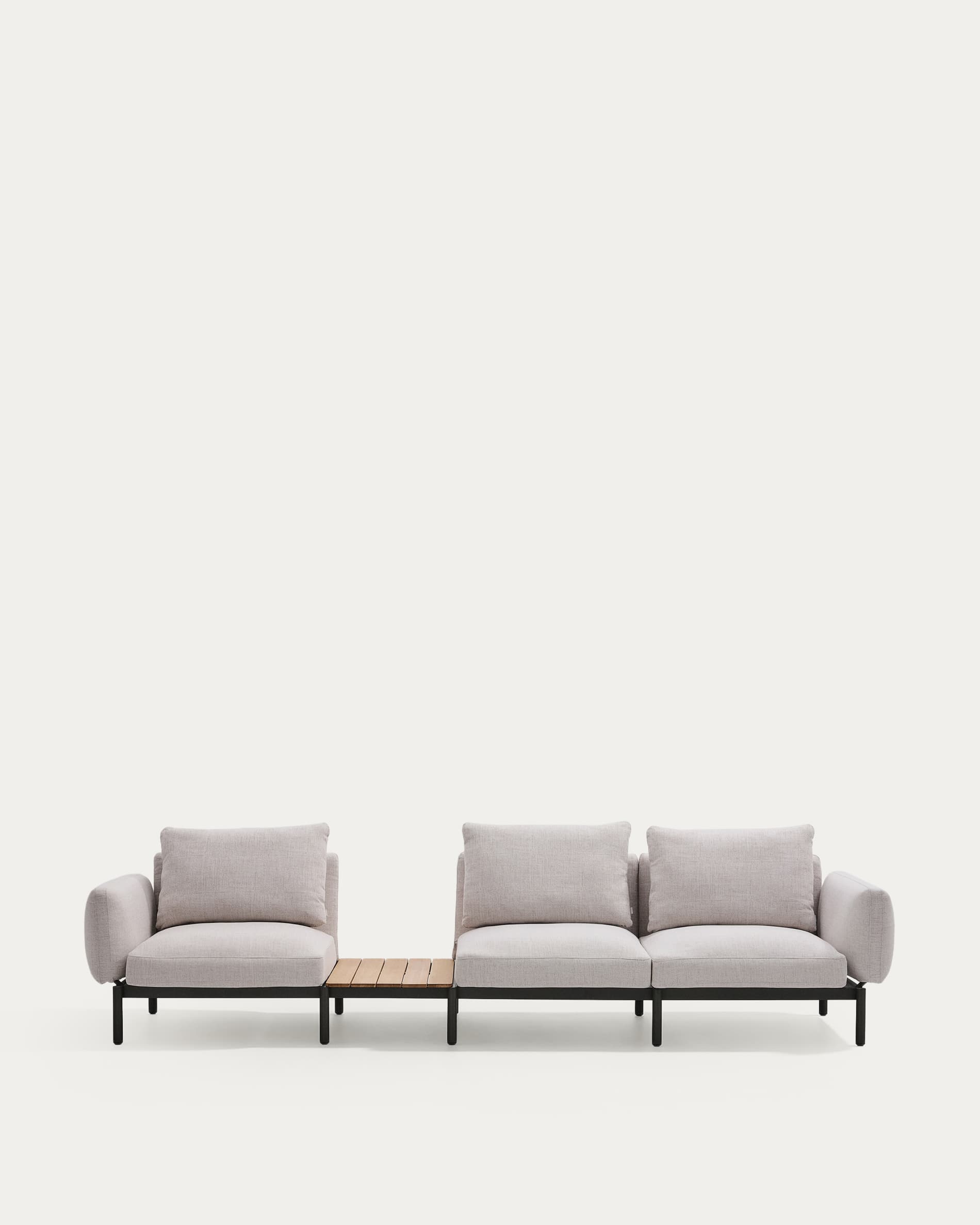 Sorells outdoor modular 3-seater sofa with beige upholstery and grey aluminium with teak table 341 x 113cm FSC 100%